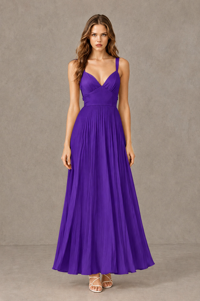 BOLODOO Purple V-Neck Pleated Open-Back Maxi Dress - Purple - Purple_01