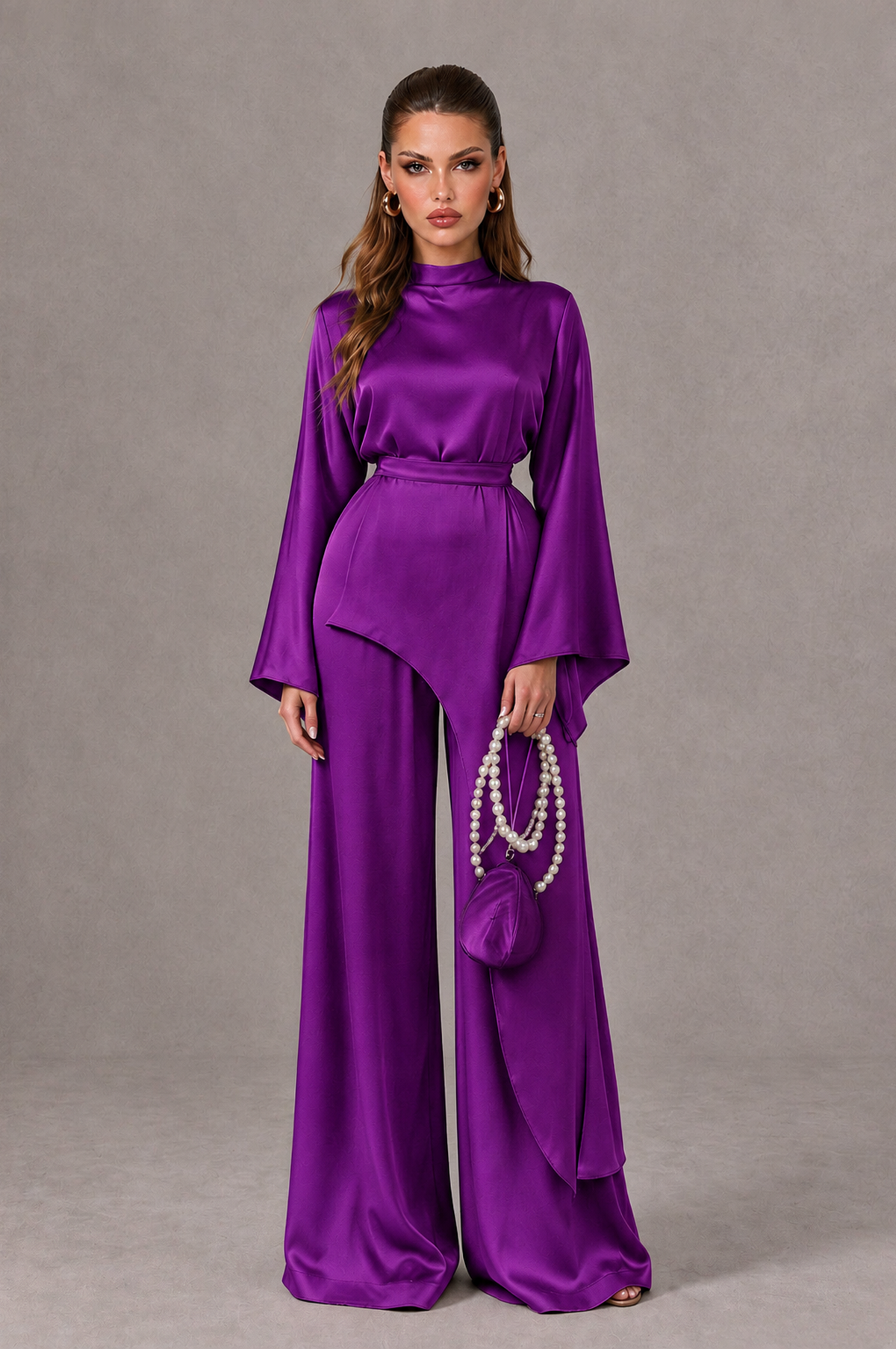 Purple Satin-Look Long Sleeve Jumpsuit | BOLODOO