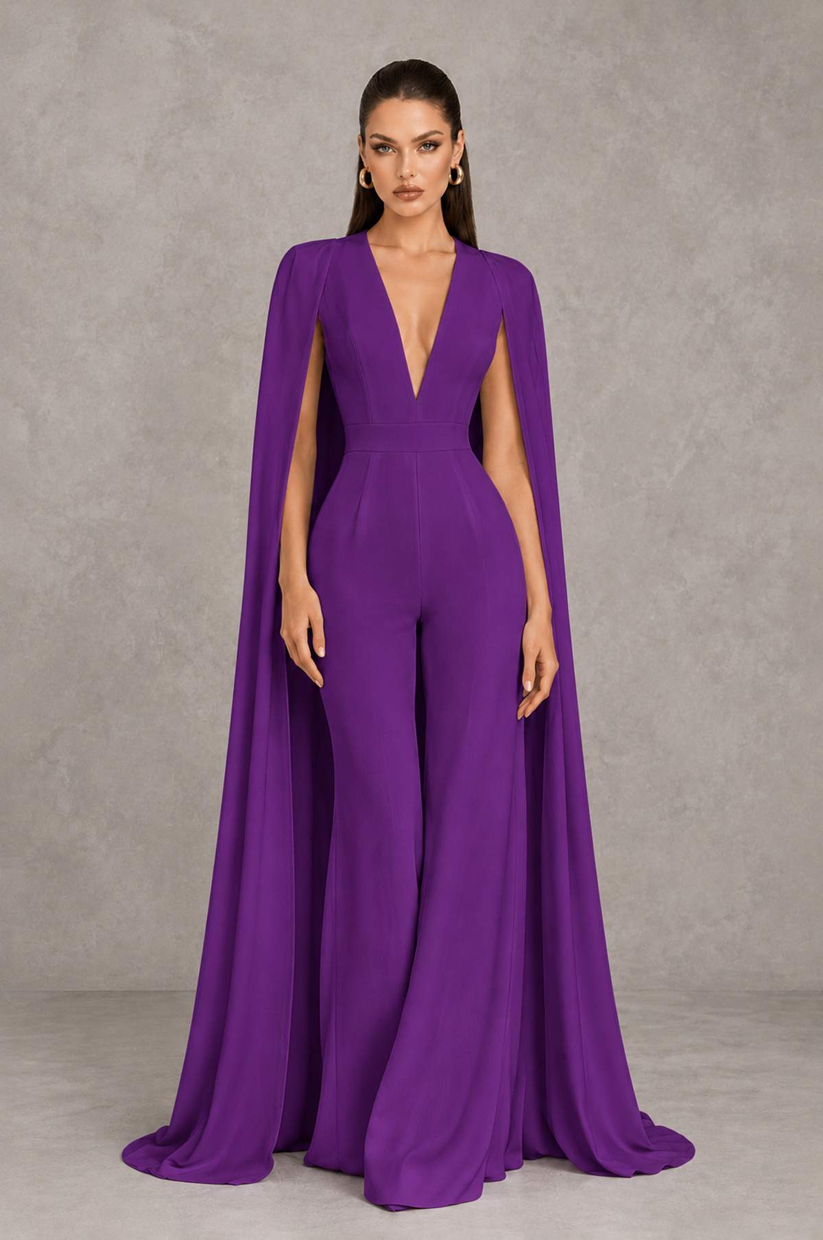 BOLODOO Purple Deep V-Neck Cape Sleeve Bridal Jumpsuit - Purple - Purple_01