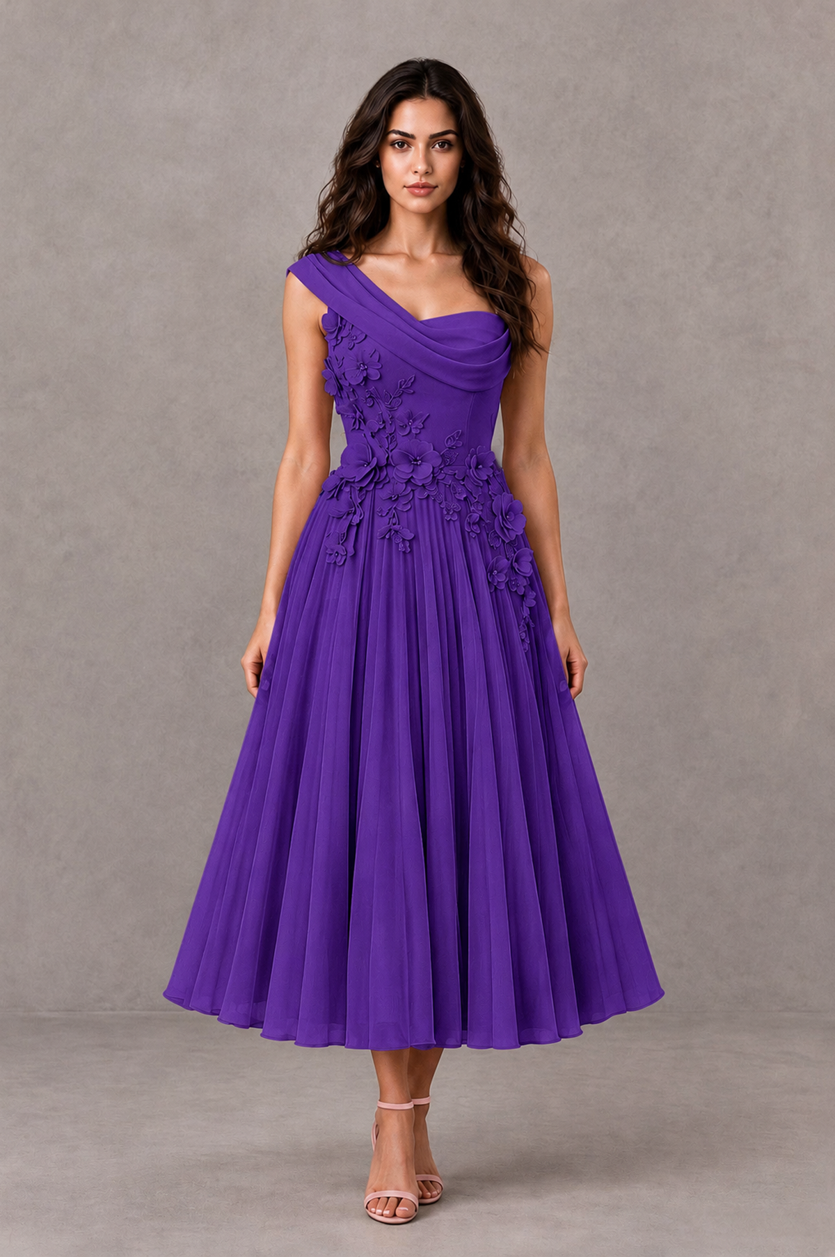 BOLODOO Purple One-Shoulder Floral Tulle Tea-Length Dress - Purple - Purple_01
