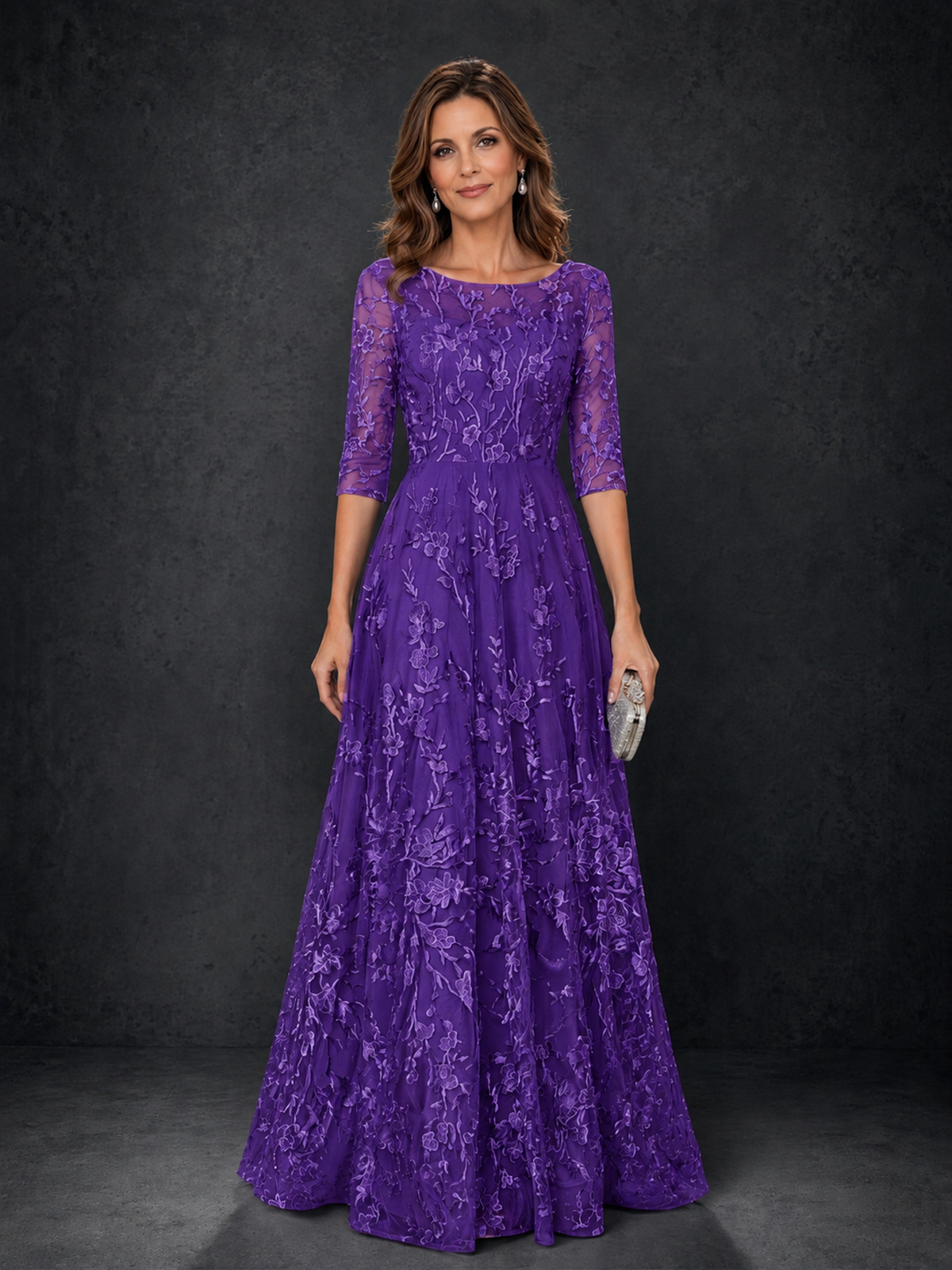 BOLODOO Purple Illusion Bateau Neck 3/4 Sleeve Floral Lace A-Line Mother of the Bride Dress MX007 - Purple - Purple_01
