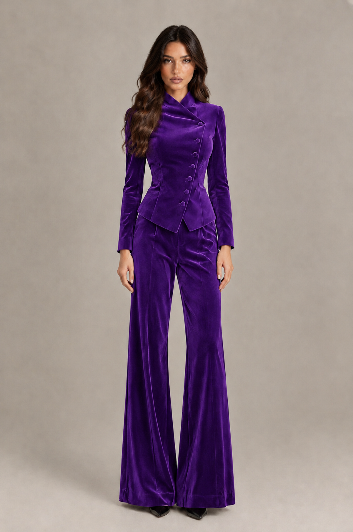 BOLODOO Purple Velvet Two-Piece Pantsuit with Long Sleeve Blazer & Wide-Leg Trousers - Purple - Purple_01