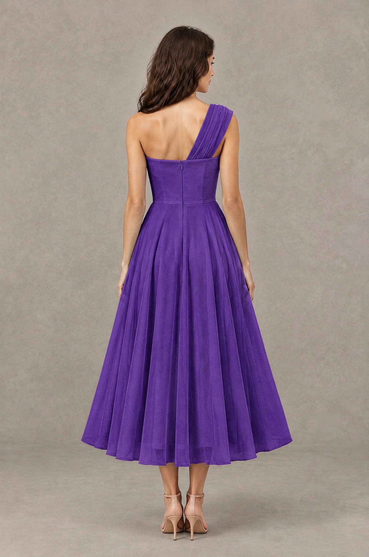 BOLODOO Purple One-Shoulder Floral Tulle Tea-Length Dress - Purple - Purple_02