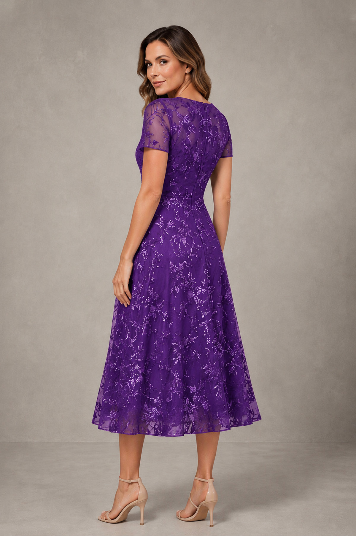 BOLODOO Purple Textured Floral A-Line Dress with Short Sleeves - Purple - Purple_02