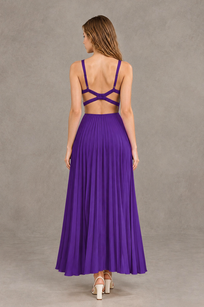 BOLODOO Purple V-Neck Pleated Open-Back Maxi Dress - Purple - Purple_02