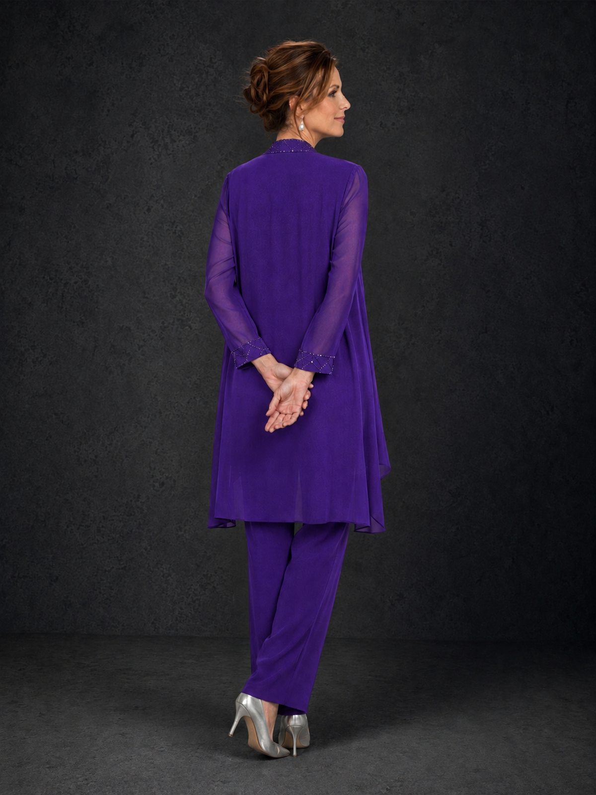 BOLODOO Purple 3-Piece Beaded Chiffon Duster Jacket Pant Suit - Purple - Purple_02