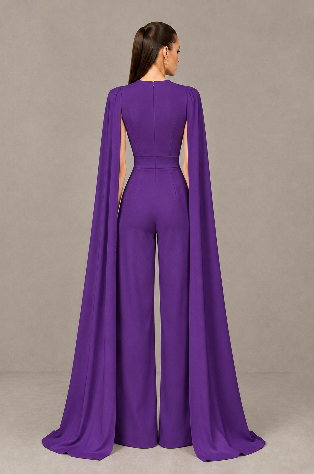 BOLODOO Purple Deep V-Neck Cape Sleeve Bridal Jumpsuit - Purple - Purple_02