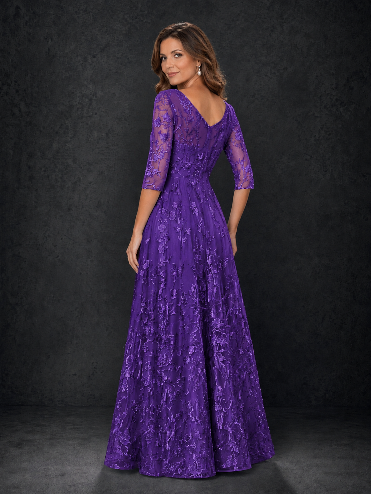 BOLODOO Purple Illusion Bateau Neck 3/4 Sleeve Floral Lace A-Line Mother of the Bride Dress MX007 - Purple - Purple_02