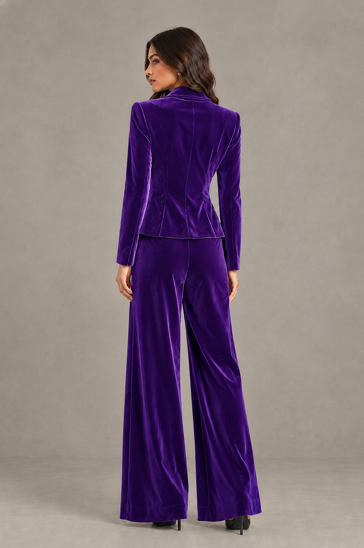 BOLODOO Purple Velvet Two-Piece Pantsuit with Long Sleeve Blazer & Wide-Leg Trousers - Purple - Purple_02