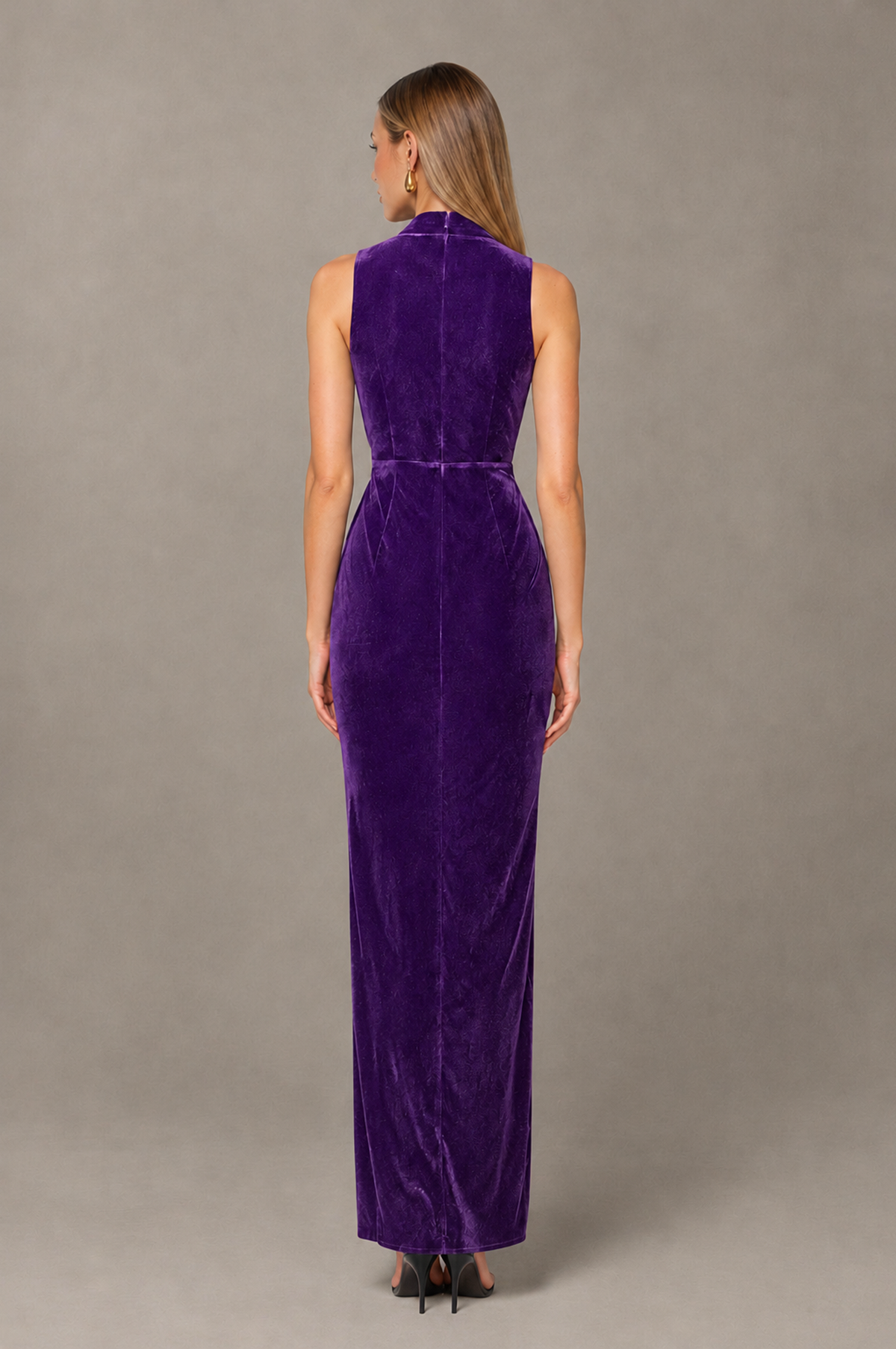 BOLODOO Purple Velvet-Look Sleeveless V-Neck Ruched Slit Maxi Dress - Purple - Purple_02