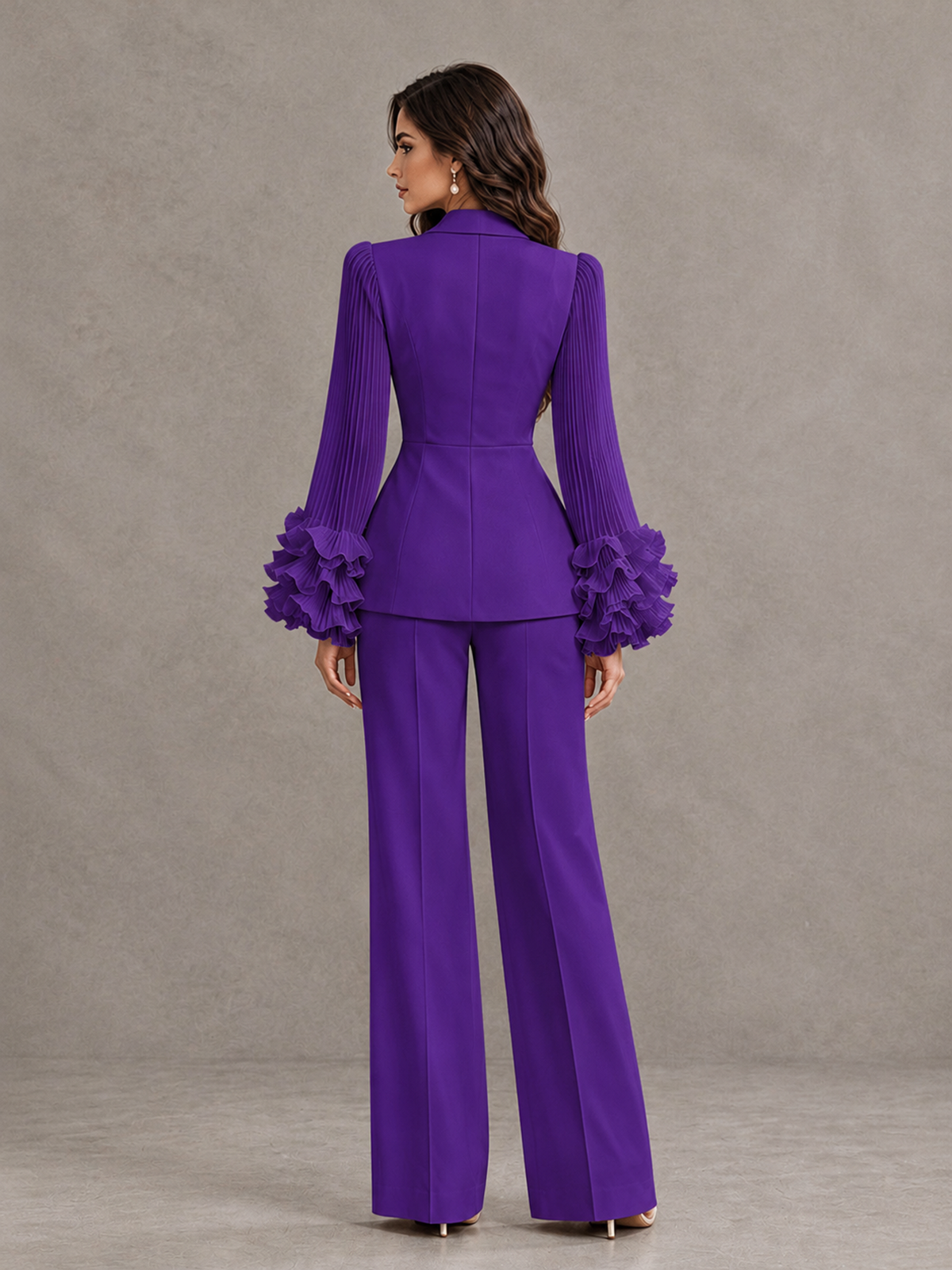 BOLODOO Purple Mother of the Bride Pant Suit – Pleated Long Sleeve Ruffle Cuff Wide Leg Trouser Suit - Purple - Purple_02
