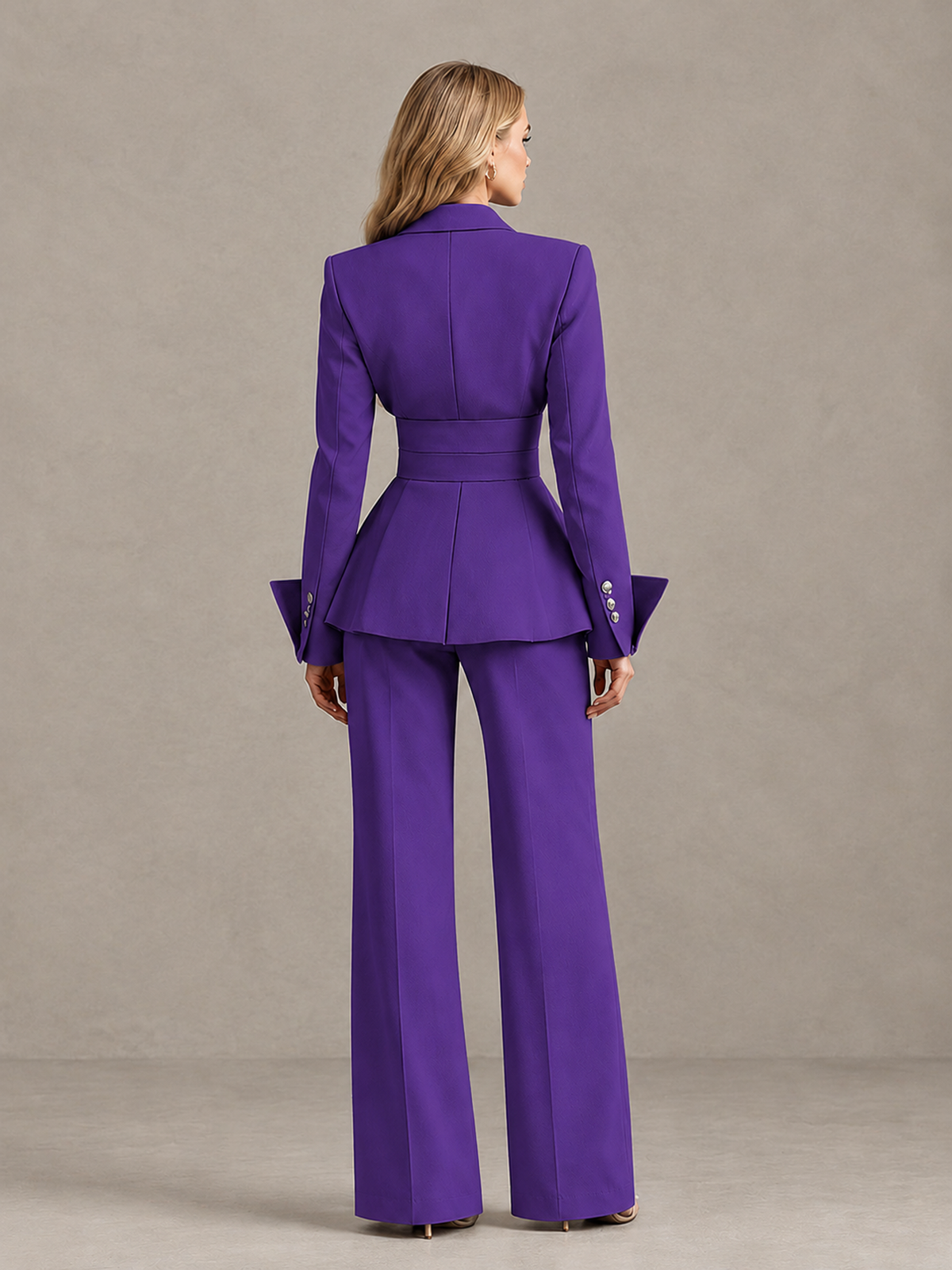 BOLODOO Purple Belted Peplum Pantsuit with Long Sleeves & Wide-Leg Trousers - Purple - Purple_02