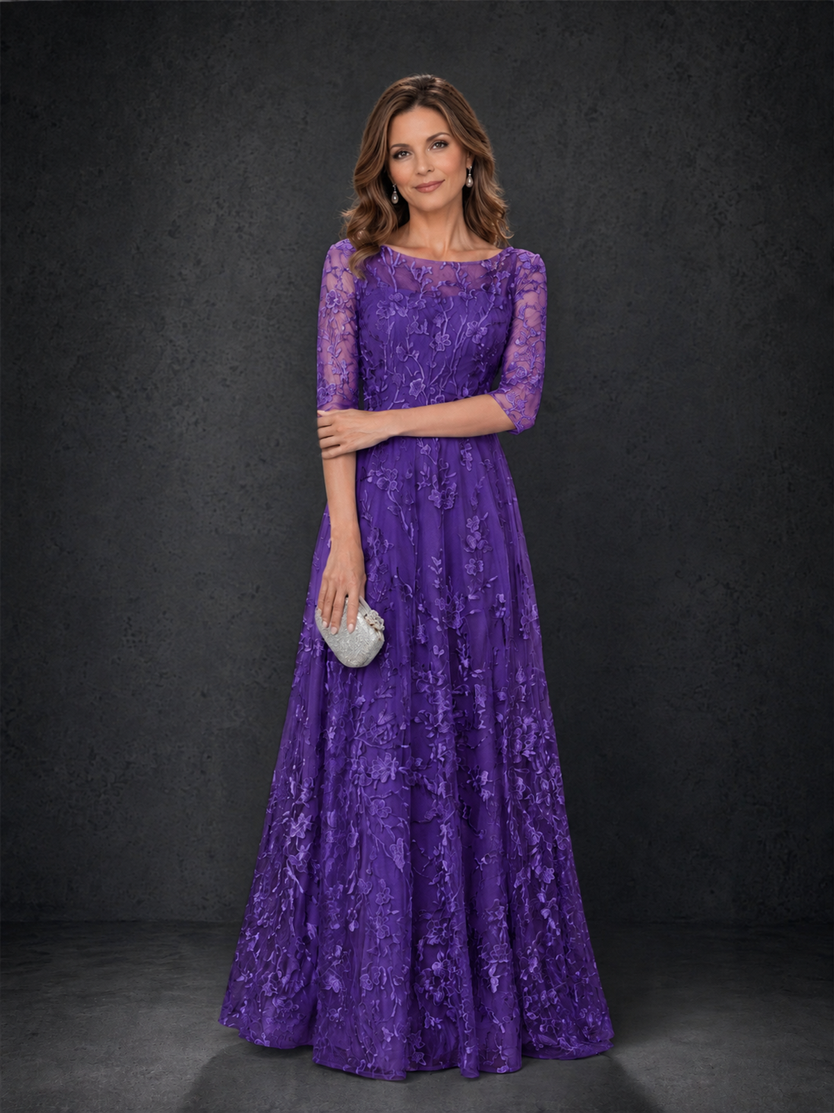 BOLODOO Purple Illusion Bateau Neck 3/4 Sleeve Floral Lace A-Line Mother of the Bride Dress MX007 - Purple - Purple_03