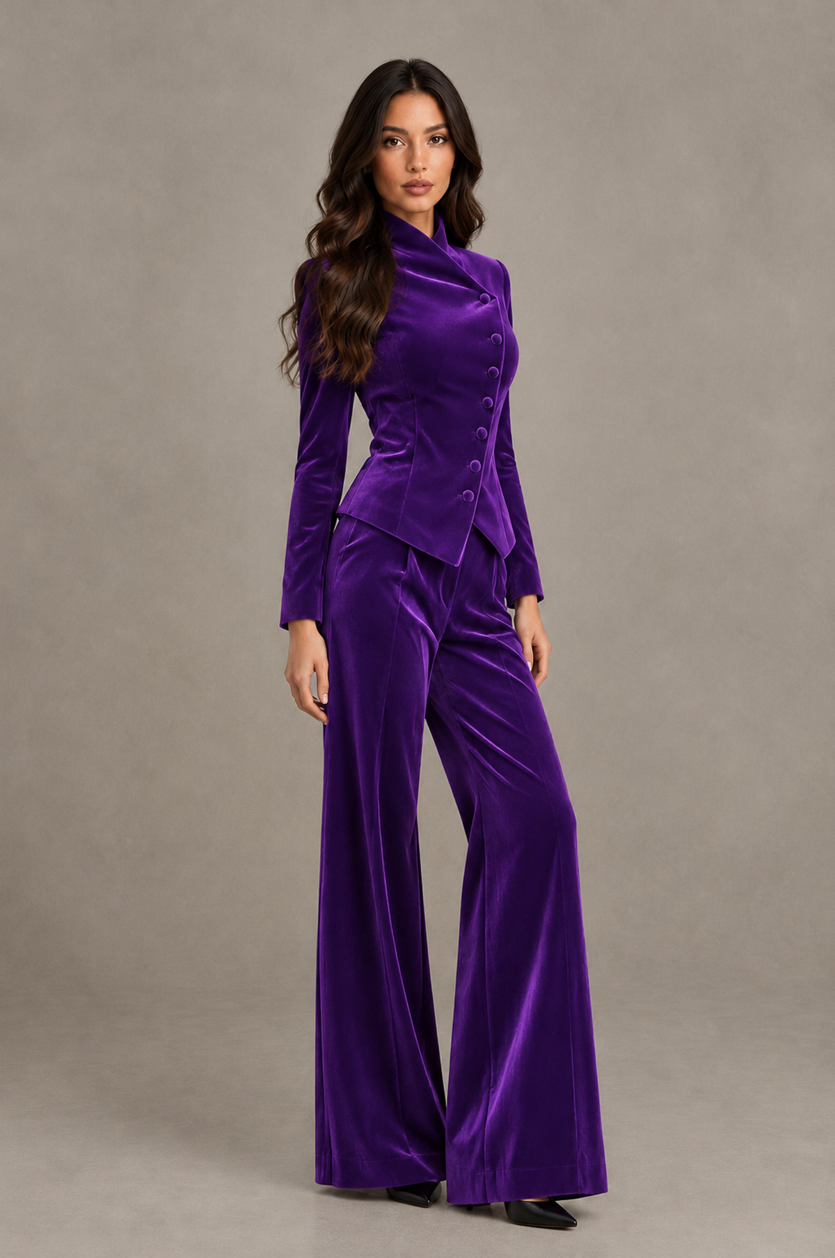 BOLODOO Purple Velvet Two-Piece Pantsuit with Long Sleeve Blazer & Wide-Leg Trousers - Purple - Purple_03