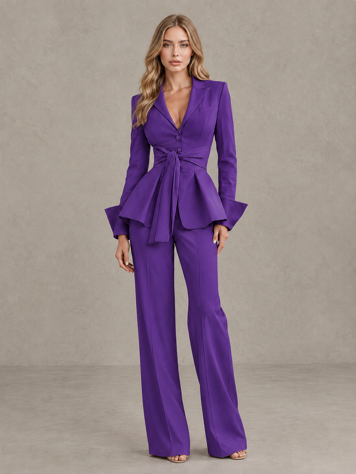 BOLODOO Purple Belted Peplum Pantsuit with Long Sleeves & Wide-Leg Trousers - Purple - Purple_03