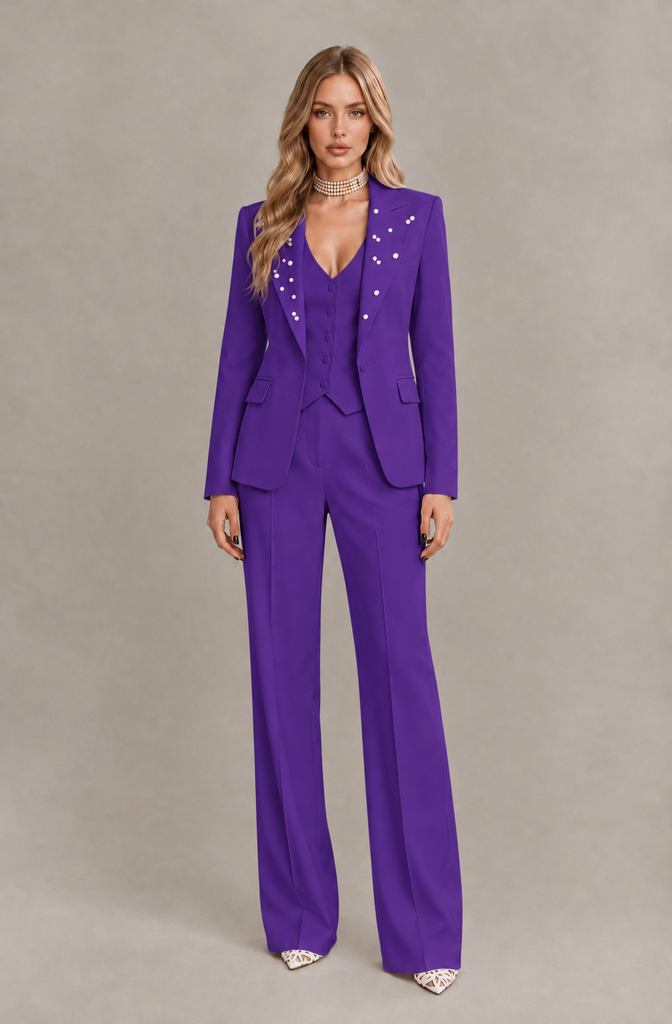 BOLODOO Purple Women's Three-Piece Pantsuit with Blazer & Vest - Purple - Purple_03