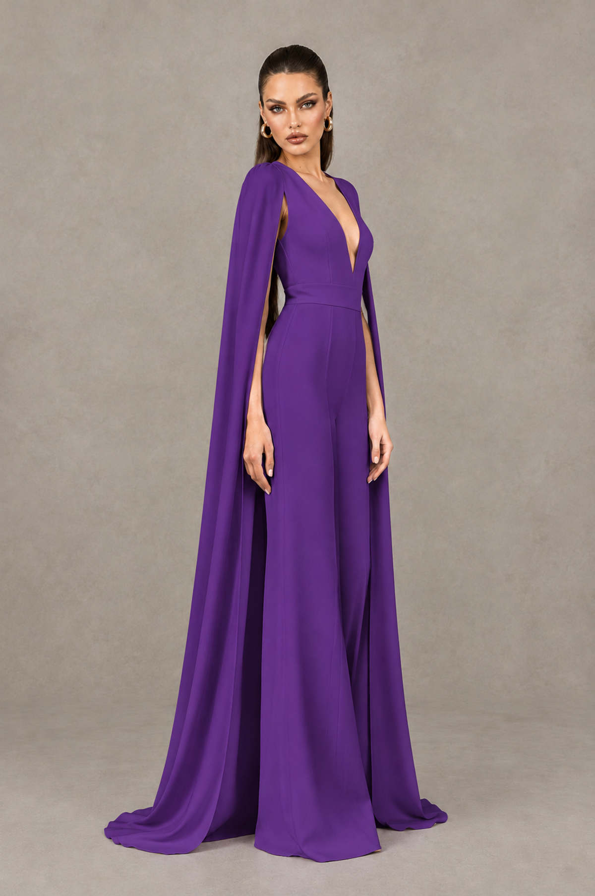BOLODOO Purple Deep V-Neck Cape Sleeve Bridal Jumpsuit - Purple - Purple_03