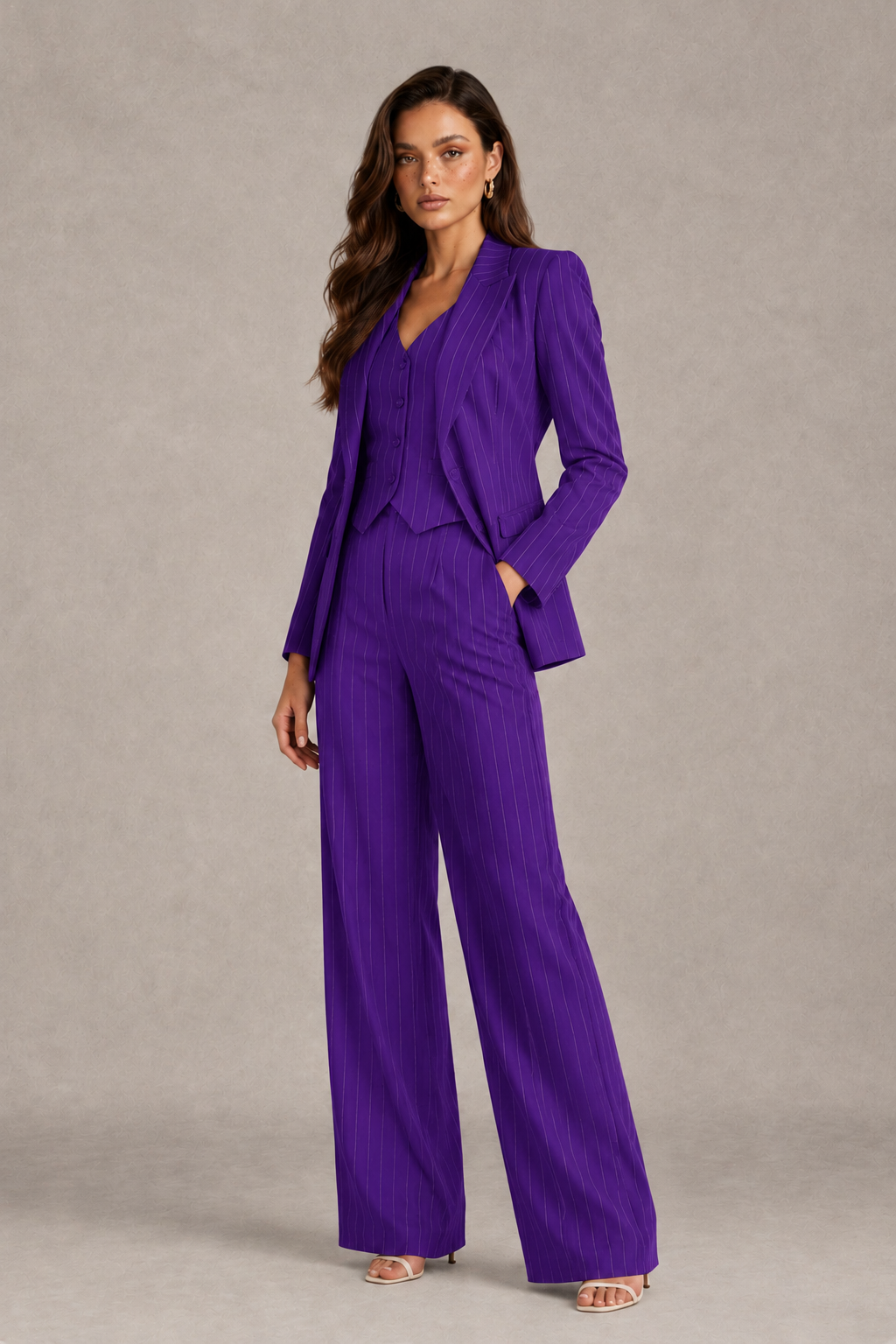 BOLODOO Women's Purple Pinstripe Three-Piece Pantsuit with Wide-Leg Trousers - Purple - Purple_03
