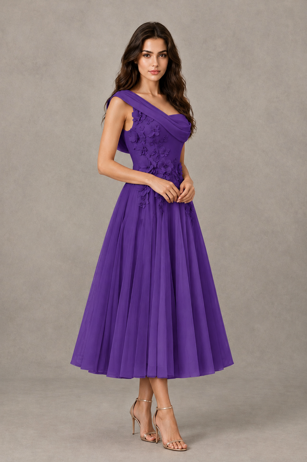 BOLODOO Purple One-Shoulder Floral Tulle Tea-Length Dress - Purple - Purple_03