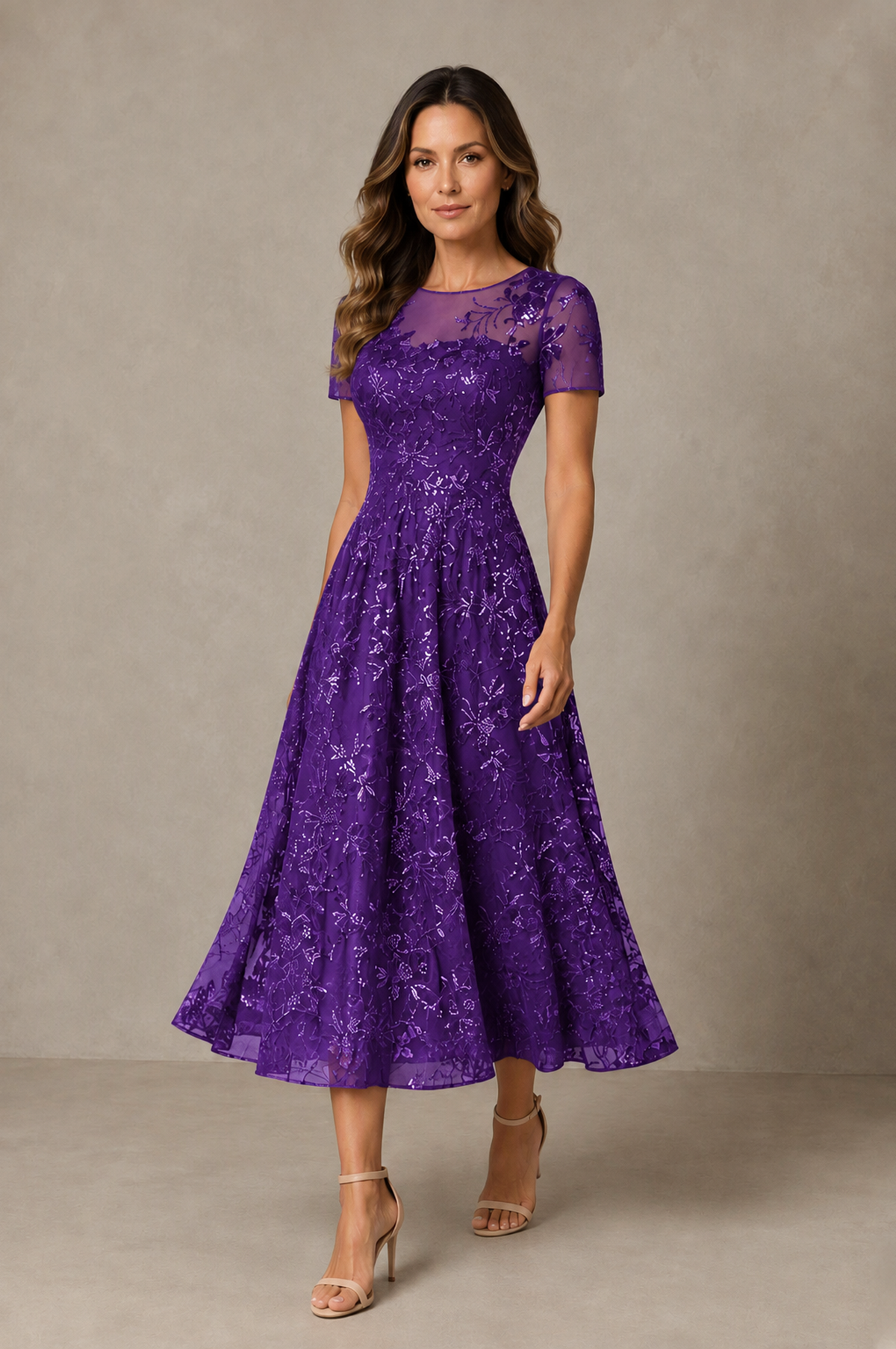 BOLODOO Purple Textured Floral A-Line Dress with Short Sleeves - Purple - Purple_03