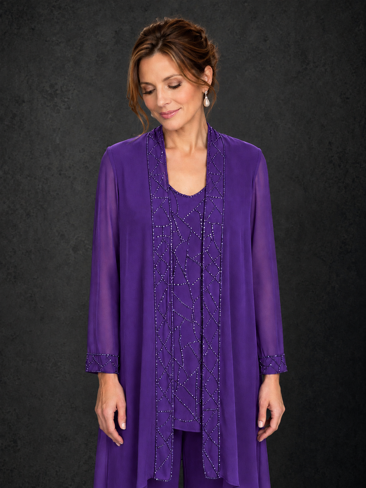 BOLODOO Purple 3-Piece Beaded Chiffon Duster Jacket Pant Suit - Purple - Purple_03
