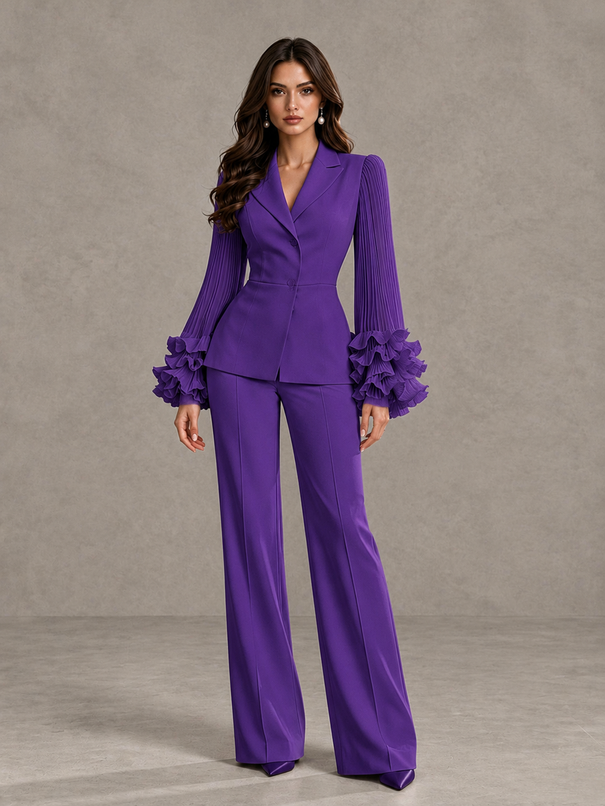 BOLODOO Purple Mother of the Bride Pant Suit – Pleated Long Sleeve Ruffle Cuff Wide Leg Trouser Suit - Purple - Purple_03