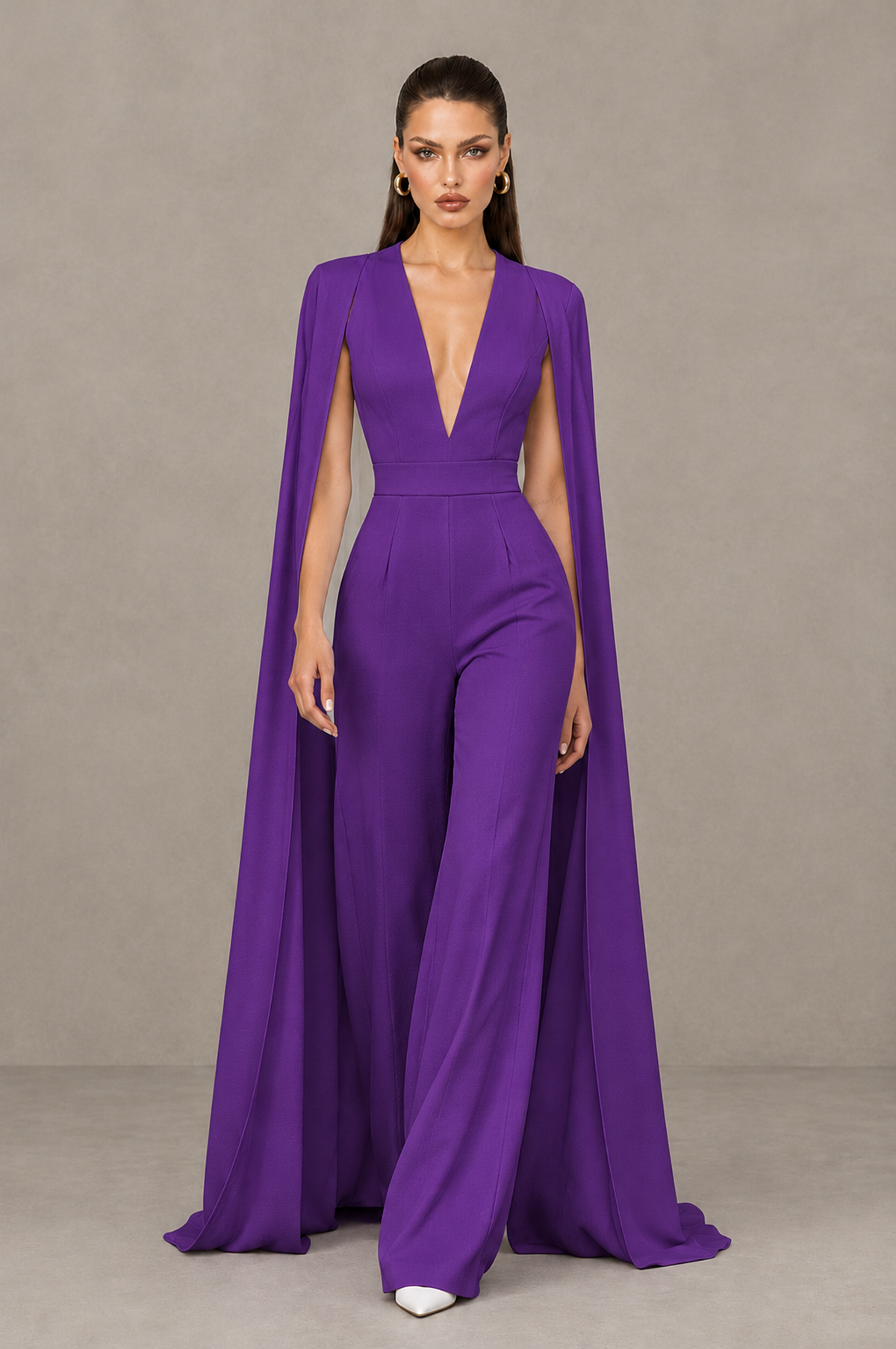 BOLODOO Purple Deep V-Neck Cape Sleeve Bridal Jumpsuit - Purple - Purple_04