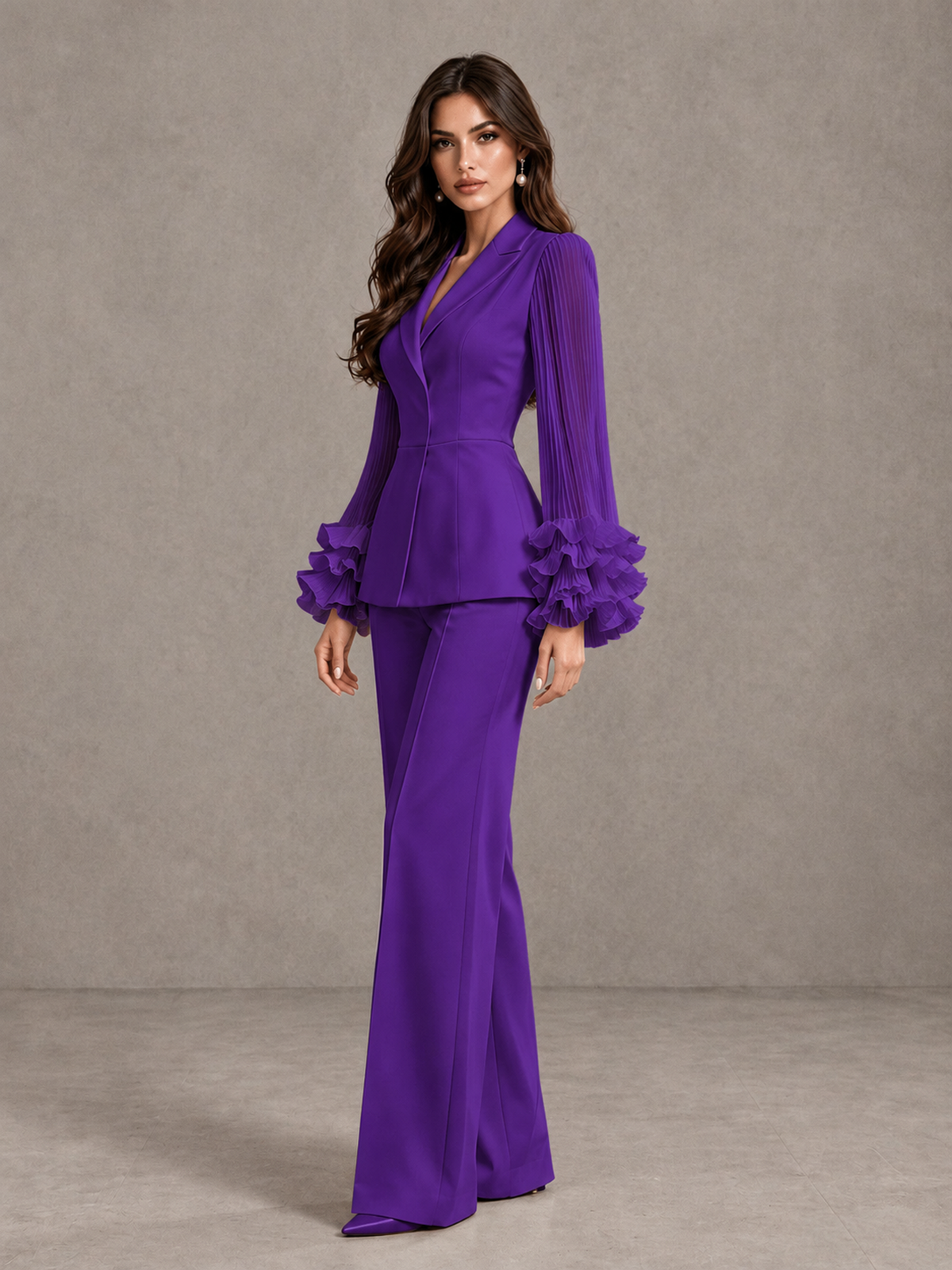 BOLODOO Purple Mother of the Bride Pant Suit – Pleated Long Sleeve Ruffle Cuff Wide Leg Trouser Suit - Purple - Purple_04