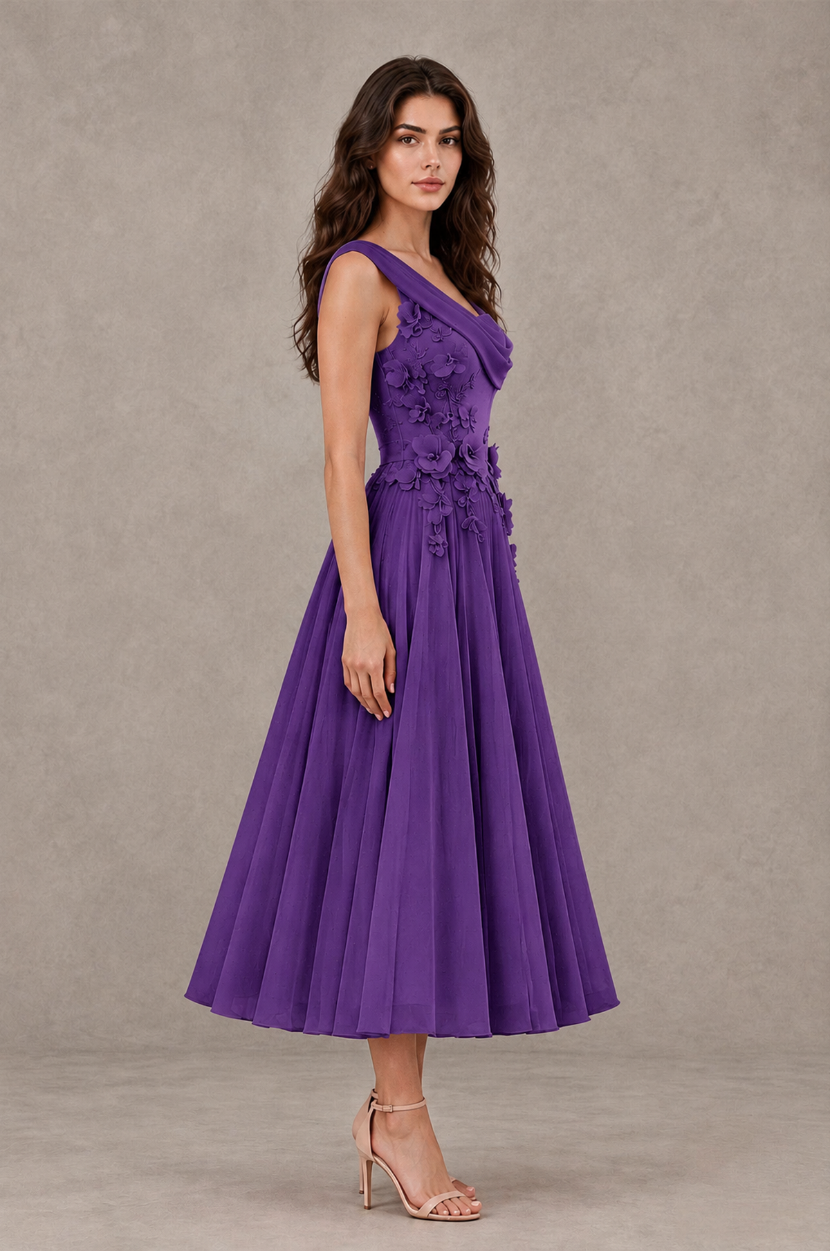 BOLODOO Purple One-Shoulder Floral Tulle Tea-Length Dress - Purple - Purple_04