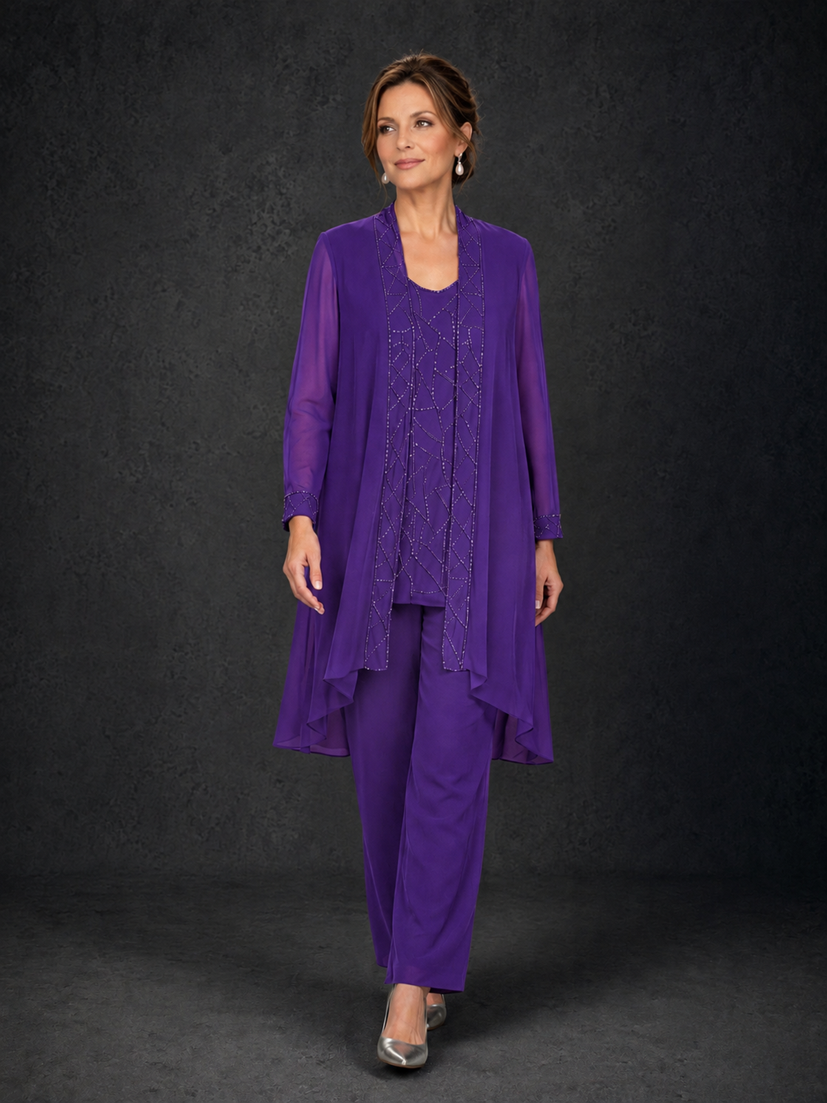 BOLODOO Purple 3-Piece Beaded Chiffon Duster Jacket Pant Suit - Purple - Purple_04