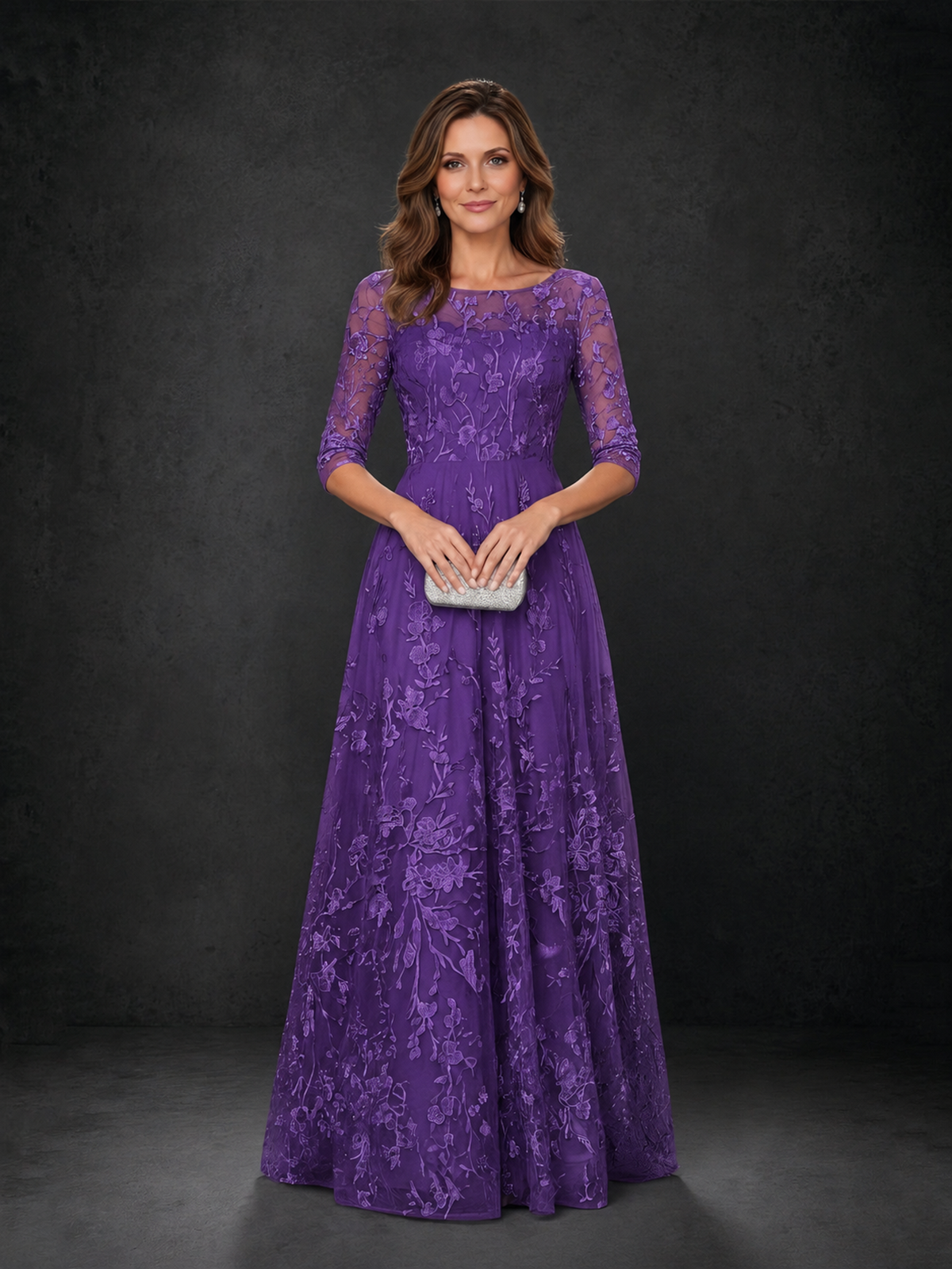 BOLODOO Purple Illusion Bateau Neck 3/4 Sleeve Floral Lace A-Line Mother of the Bride Dress MX007 - Purple - Purple_04