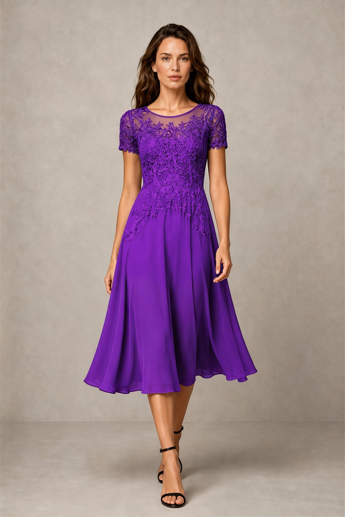 BOLODOO Steel Purple Beaded Lace Illusion Bodice Chiffon Tea-Length Dress | Mother of the Bride & Cocktail Party - Purple