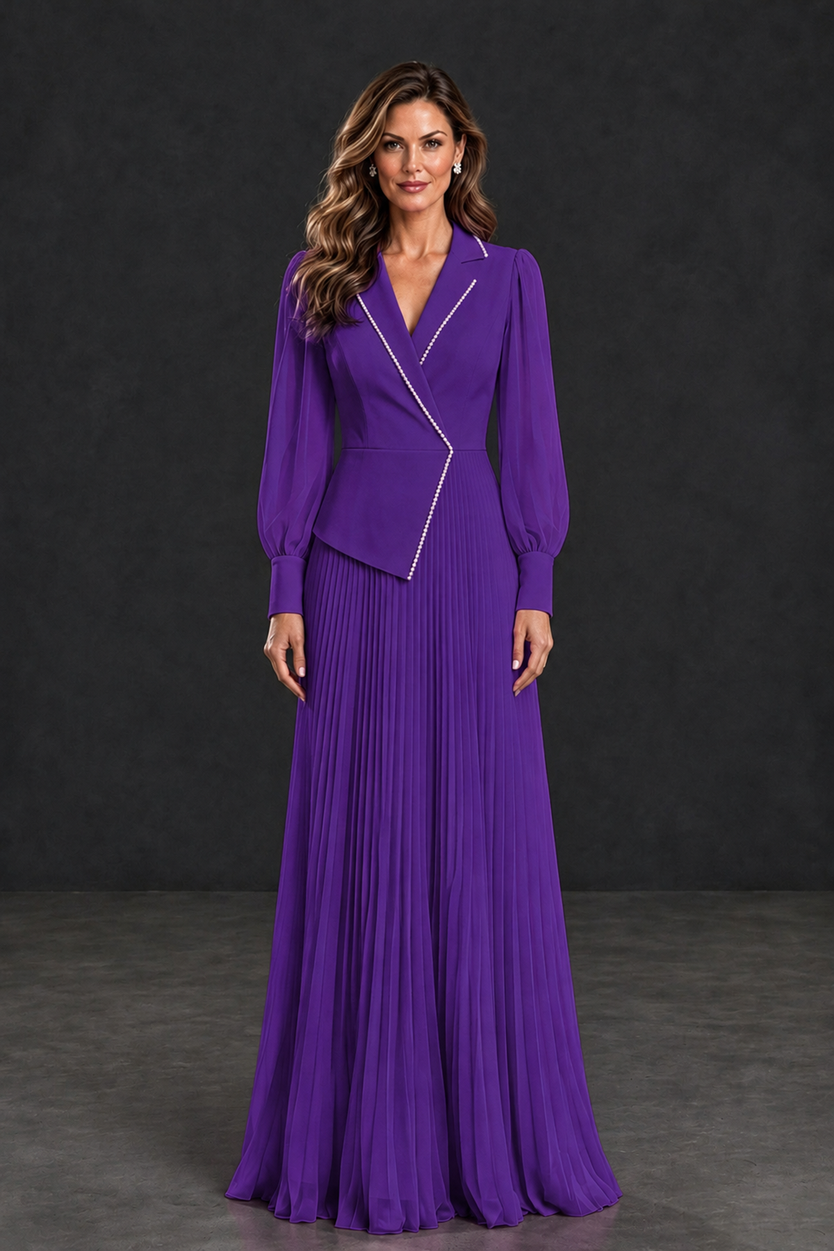 BOLODOO Purple Long Sleeve Pleated Mother of the Bride Dress - Purple - Purple_1