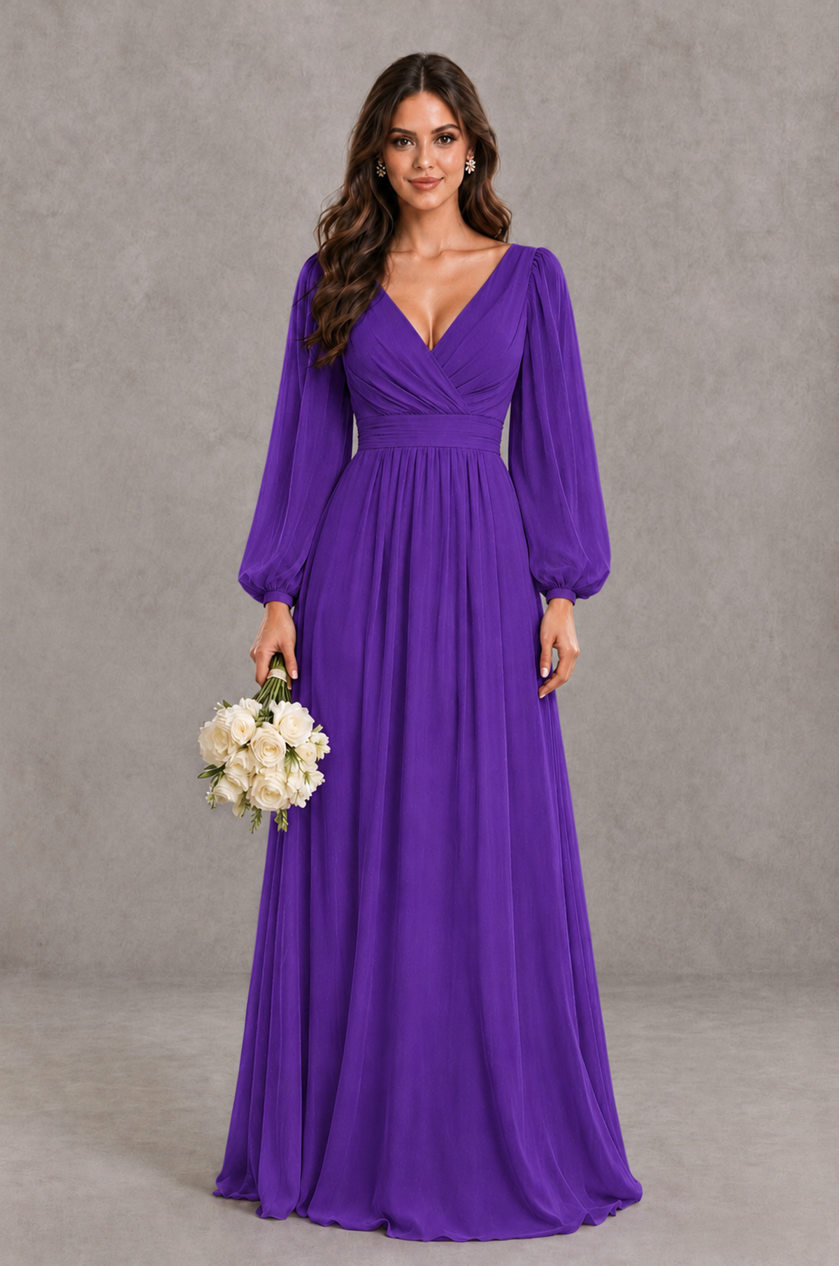 BOLODOO Purple Long Sleeve V-Neck A-Line Bridesmaid Dress - Purple - Purple_1