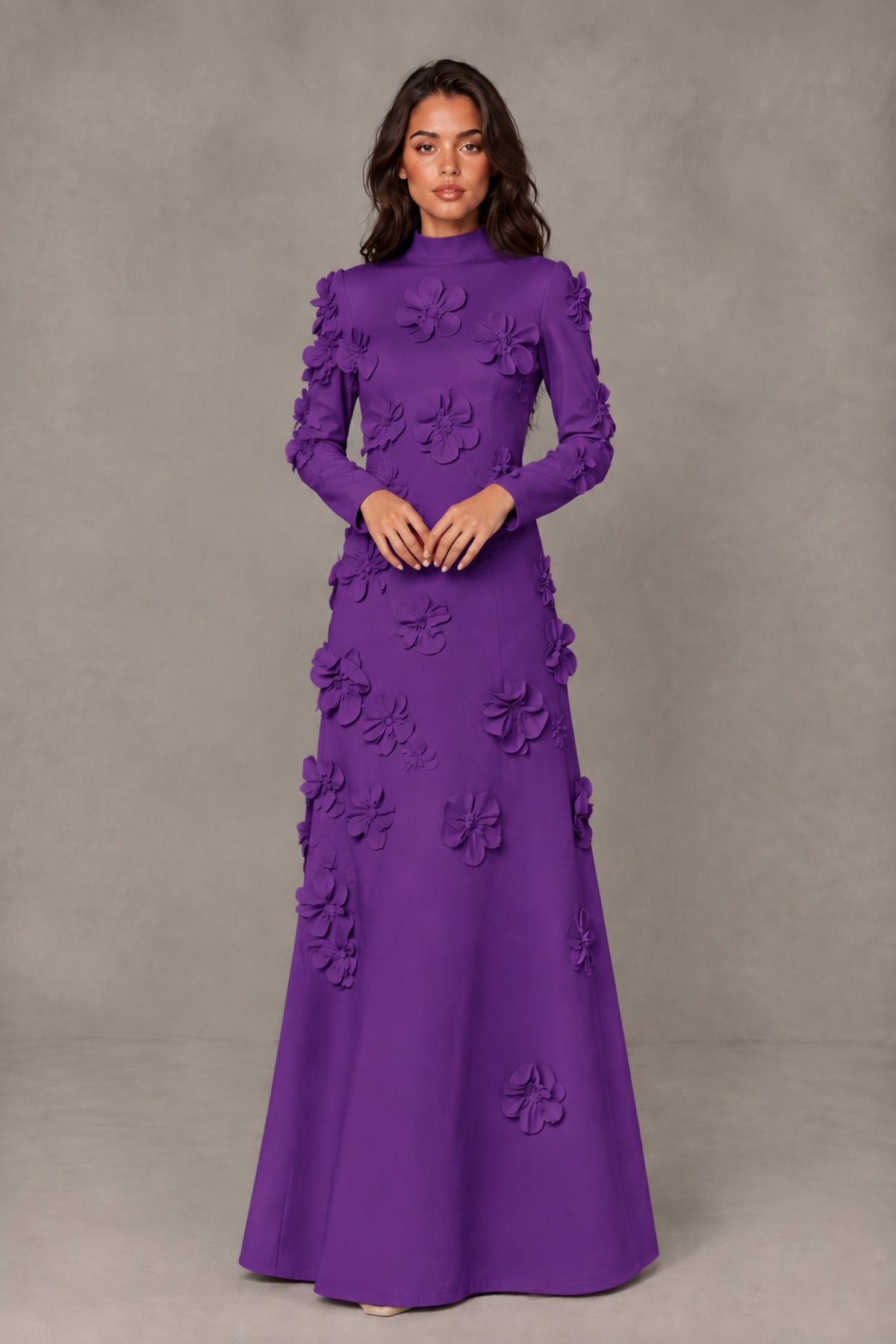 BOLODOO Purple High Neck Long Sleeve 3D Floral Evening Gown - Purple