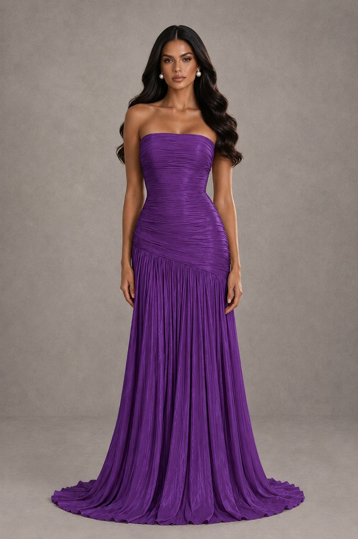 BOLODOO Purple Metallic Ruched Strapless Pleated A-Line Backless Maxi Dress with Train - Purple - Purple_1