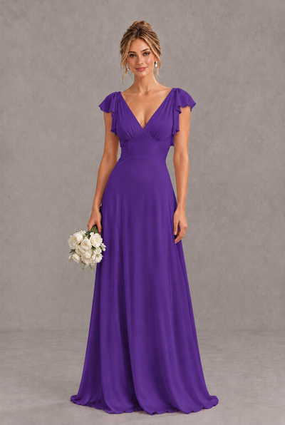 BOLODOO Purple V-Neck Flutter Sleeve A-Line Bridesmaid Dress - Purple - Purple_1