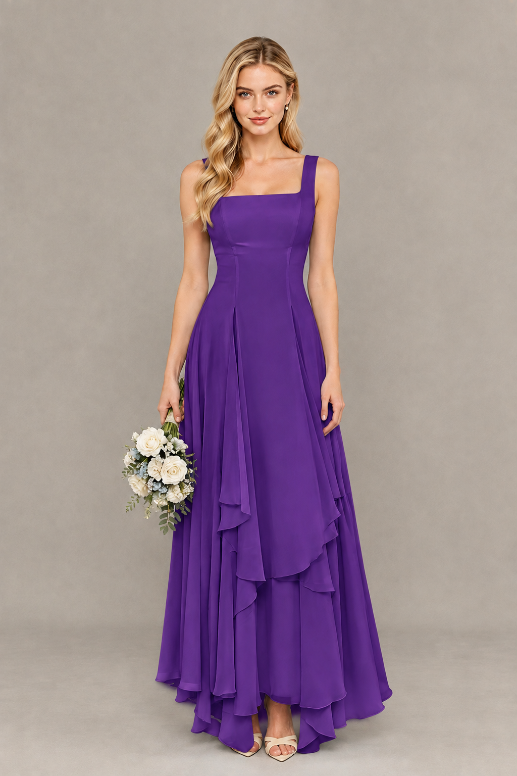 BOLODOO Purple Square Neck Chiffon Bridesmaid Dress with Lace-Up Back - Purple