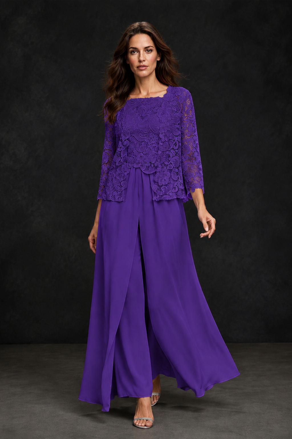 BOLODOO Purple Grey Lace Peplum Top & Wide-Leg Chiffon Pants Set | Mother of the Bride & Formal Evening Outfit - Purple
