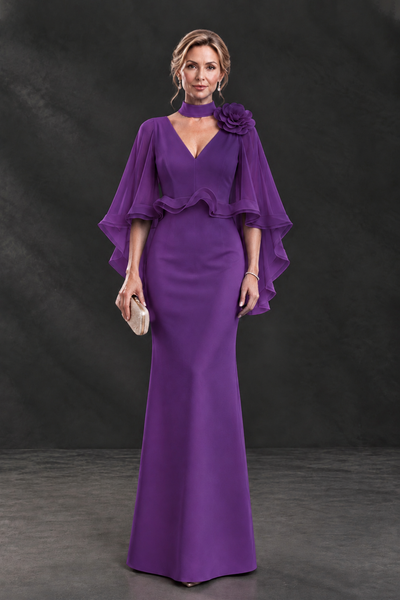 BOLODOO Purple Floral Cape Sleeve Mother of the Bride Dress - Purple - Purple_1