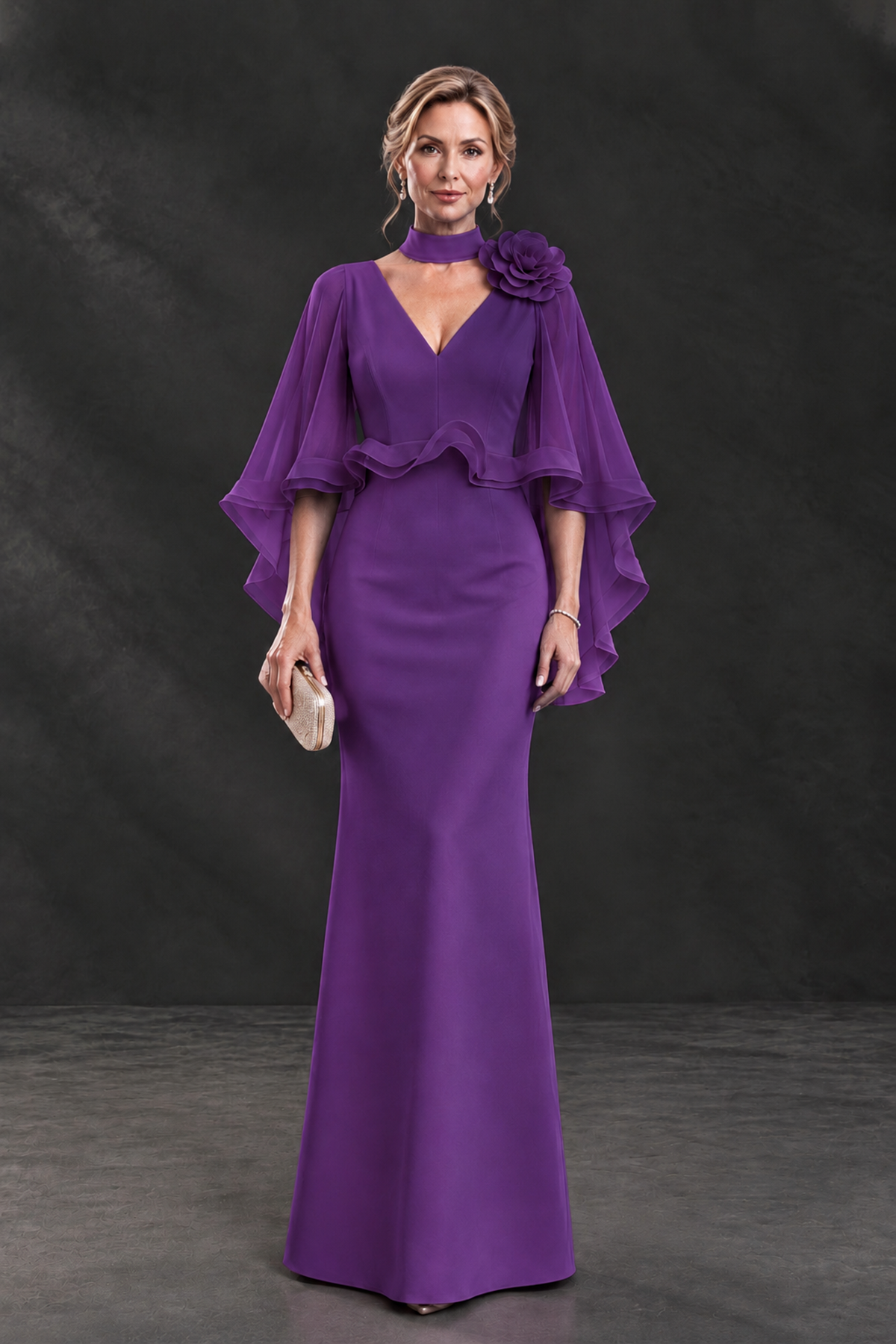 BOLODOO Purple Floral Cape Sleeve Mother of the Bride Dress - Purple - Purple_1