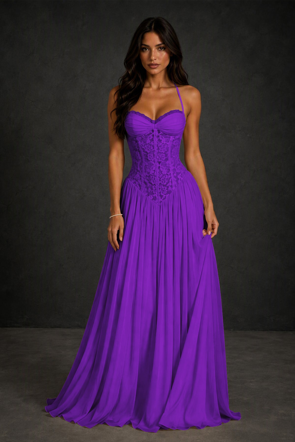 BOLODOO Purple Lace Corset Halter Maxi Gown – Backless A-Line Formal Dress - Purple