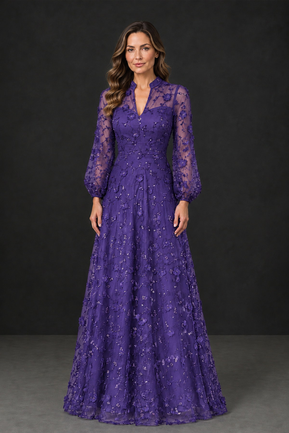 BOLODOO Purple Long Sleeve Floral Mother of the Bride Dress - Purple - Purple_1