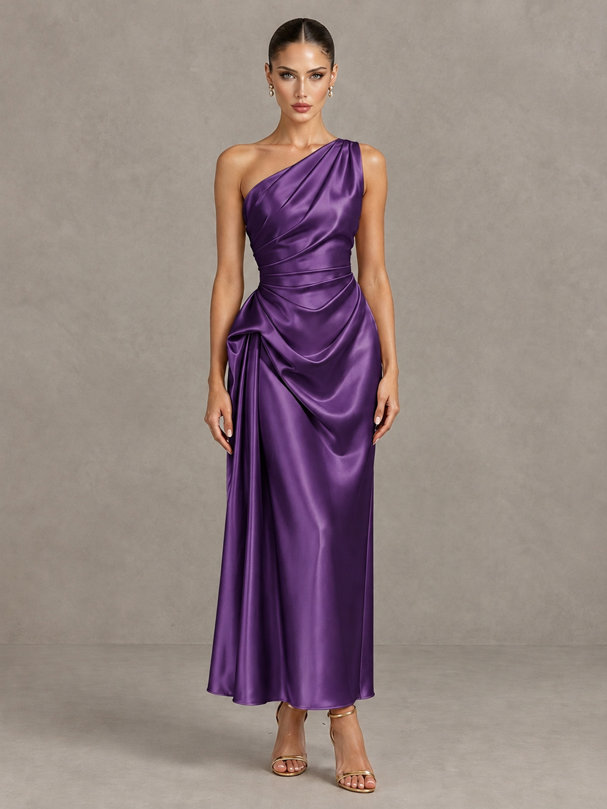 BOLODOO Purple One Shoulder Satin Cocktail Dress with Draped A-Line Skirt - Purple - Purple_1