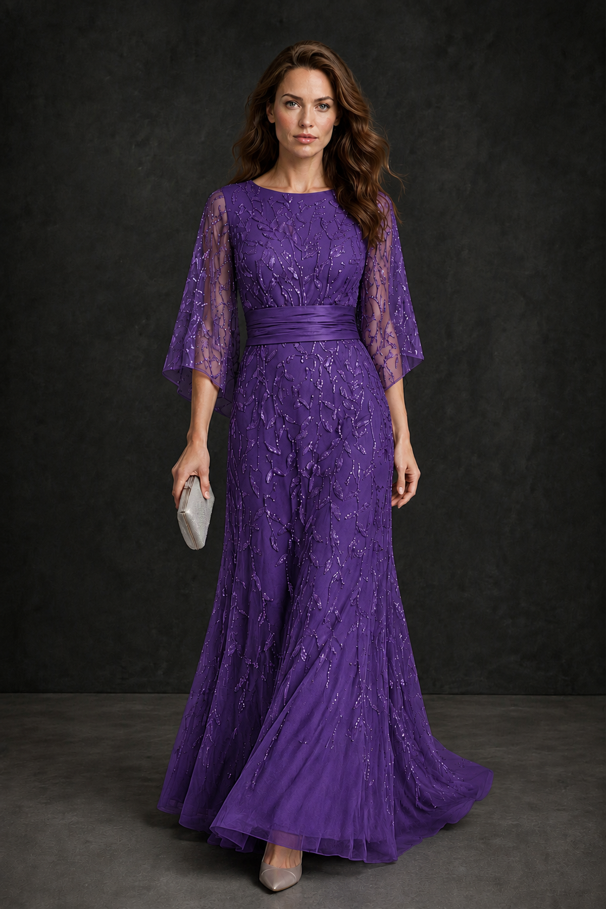 BOLODOO Purple Bateau Neck Bell Sleeve Sequin Embroidered Satin Waist A-Line Maxi Dress - Purple - Purple_1