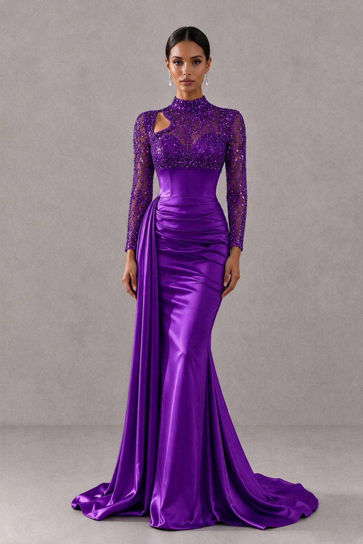 BOLODOO Purple Long Sleeve Embellished Satin Mermaid Evening Gown - Purple - Purple_1