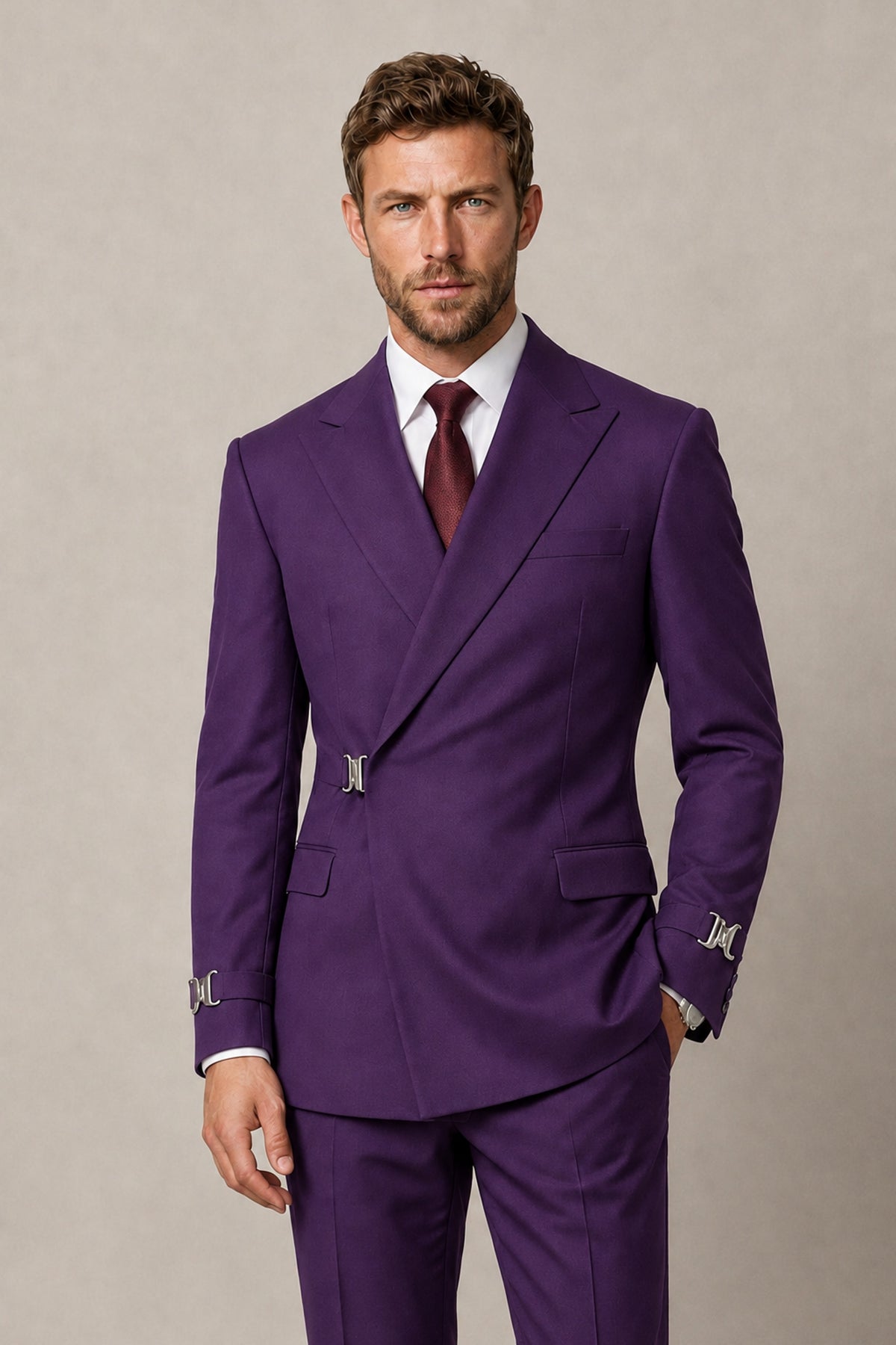 BOLODOO Men's Purple Double-Breasted 2-Piece Suit Set – Blazer & Tailored Trousers - Purple