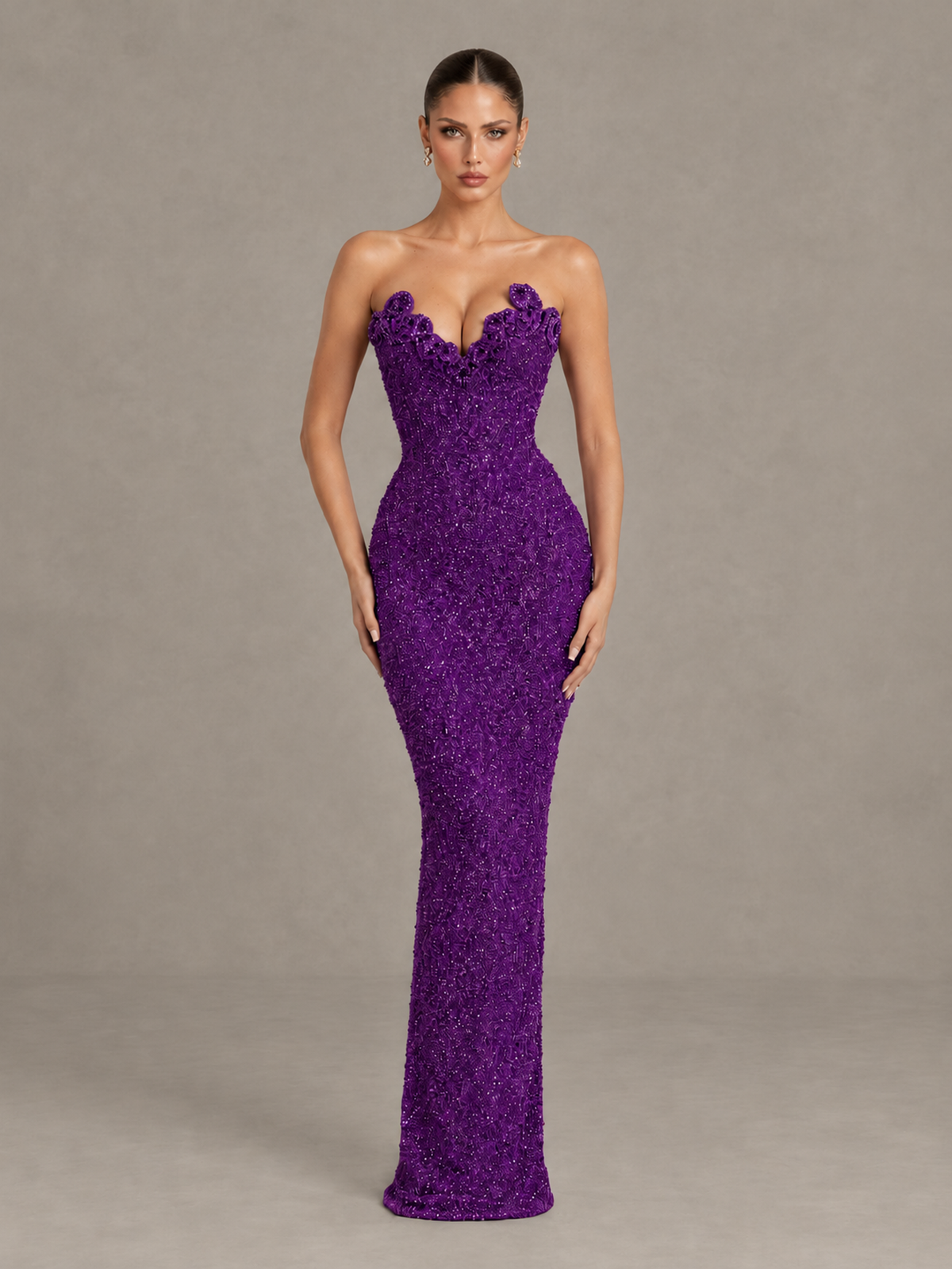 BOLODOO Purple Strapless Sequin Evening Gown with Floral Neckline - Purple - Purple_1