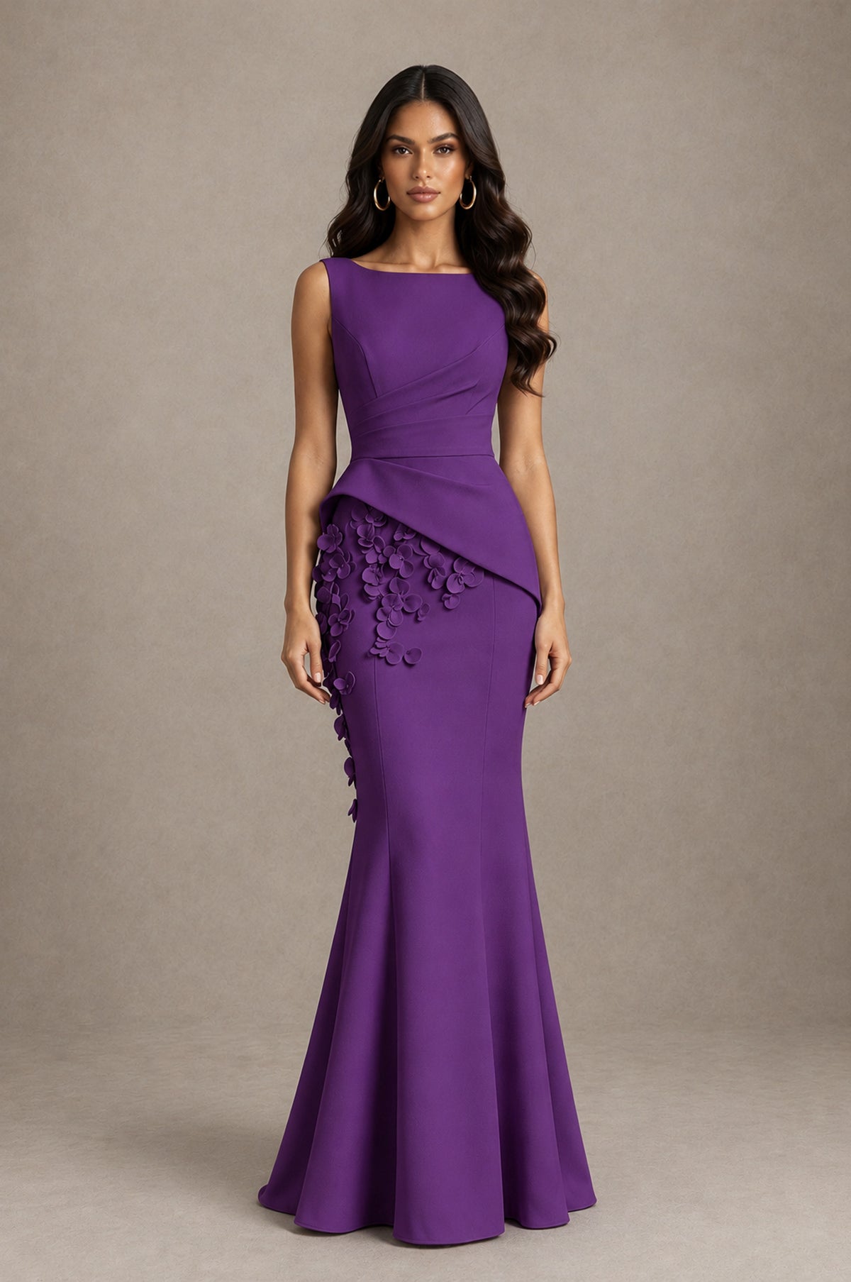 BOLODOO Purple Bateau Neck Sleeveless Asymmetric Peplum 3D Petal Appliqué Mermaid Gown BD0421 - Purple - Purple_1