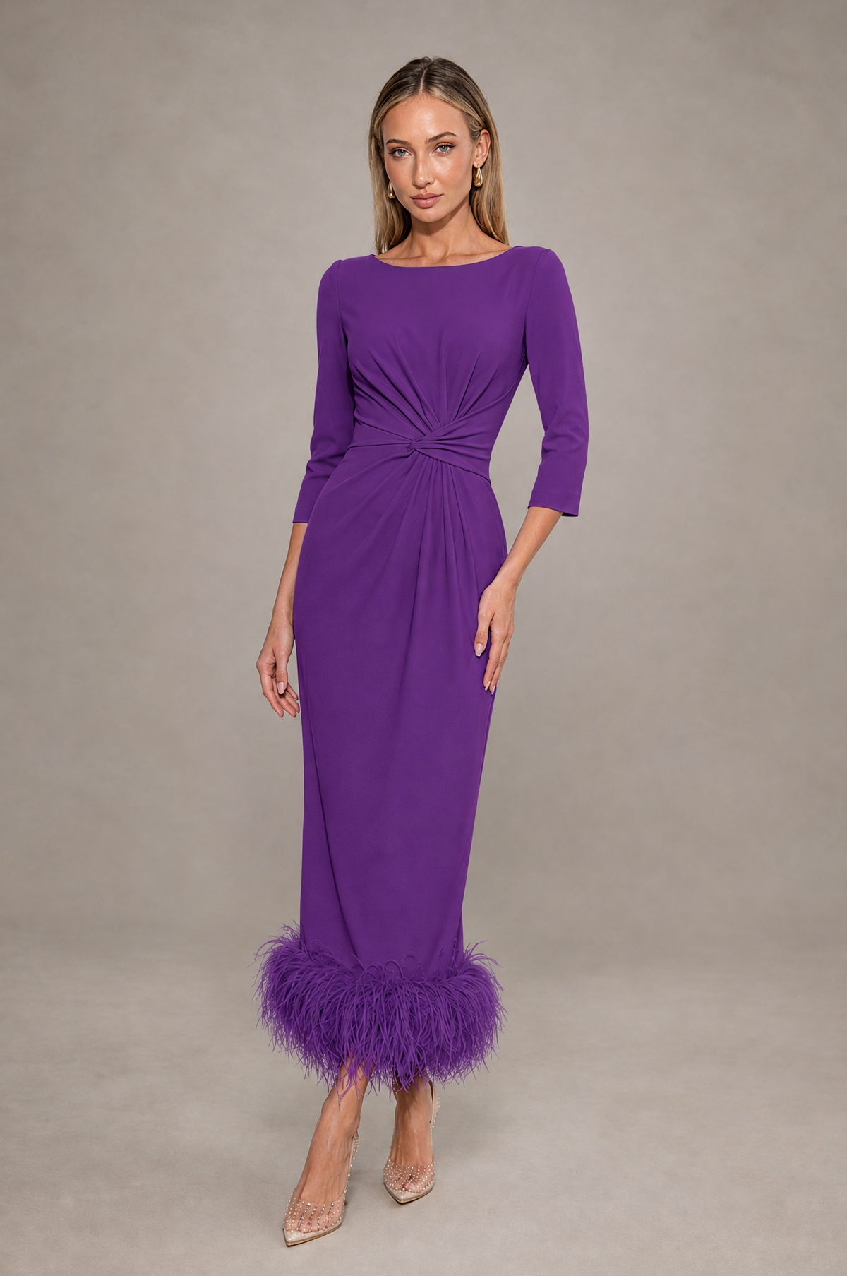 BOLODOO Purple Feather-Trim Twist-Waist Midi Dress - Purple - Purple_1